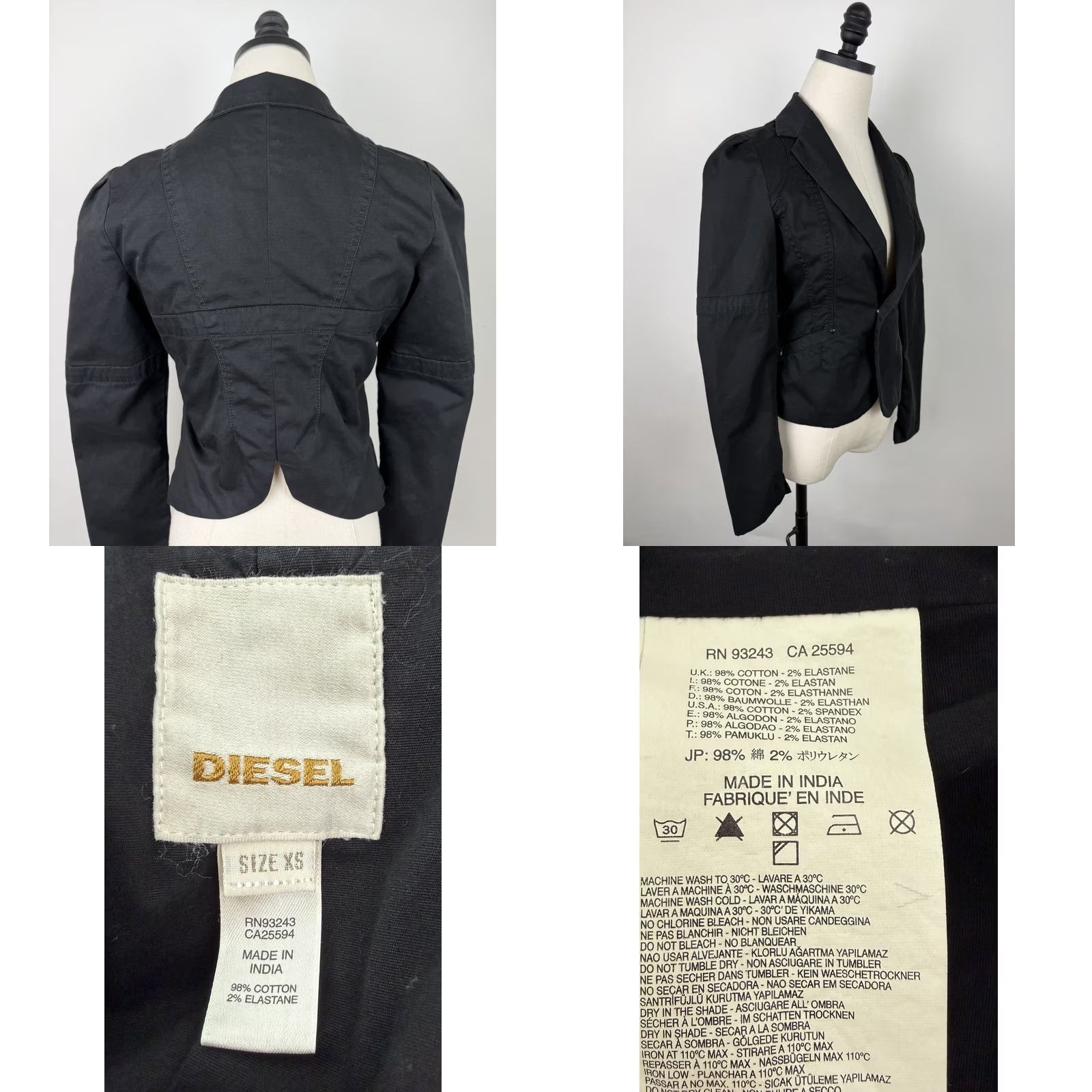 VINTAGE Diesel Jacket Womens XS Black Puff Sleeve Short Front