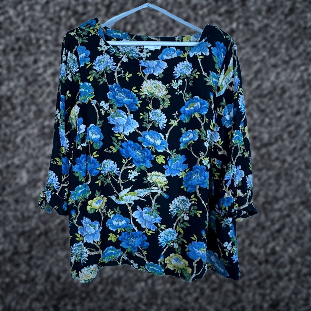 J. Jill J.Jill Womens Floral Print 3/4 Sleeve Rayon Blouse Top Large Petite Black Blue Size L / US 10 / IT 46 - 1 Thumbnail
