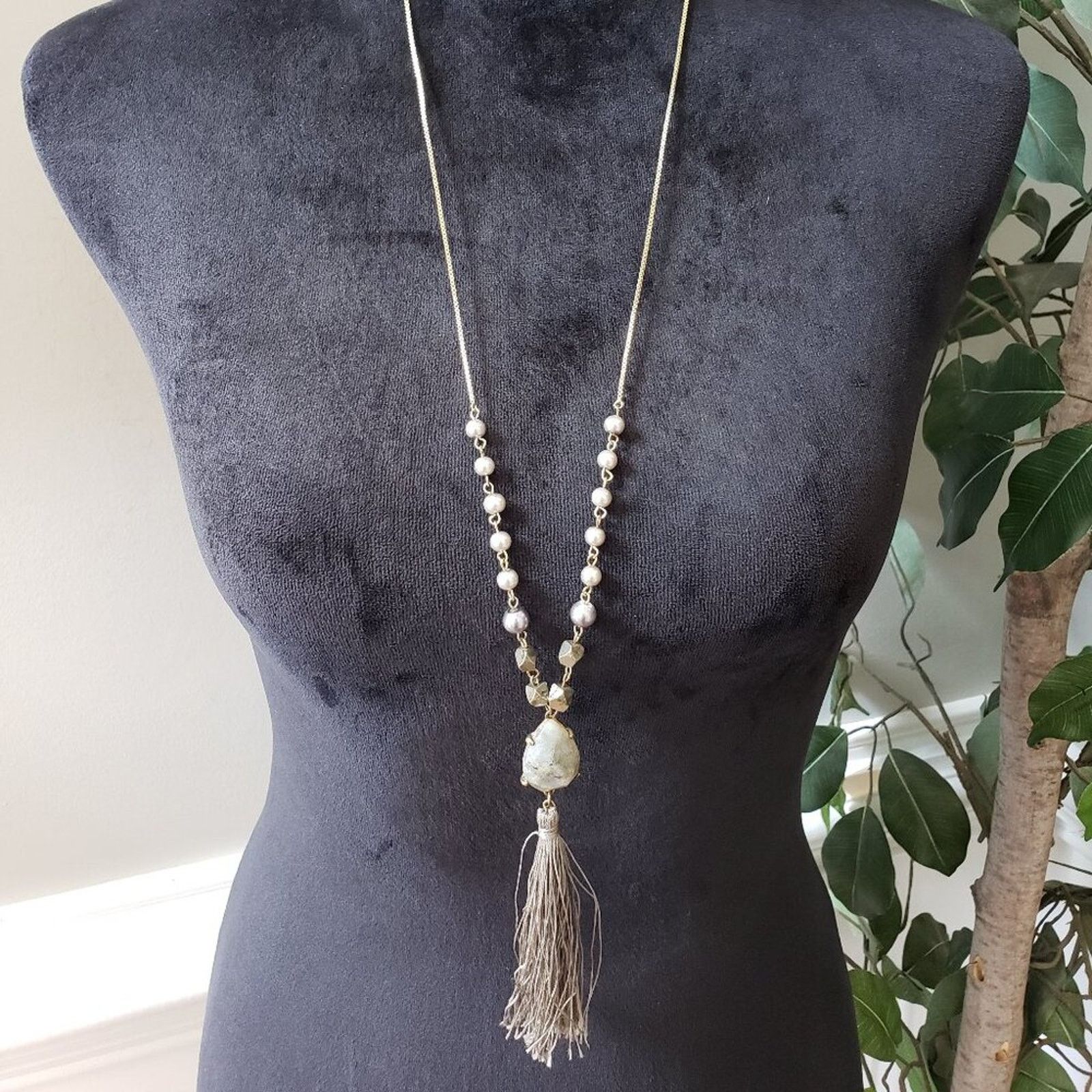 Loft Loft Womens Silver Natural Stones Drop Eye Tassel Necklace Size ONE SIZE - 1 Thumbnail