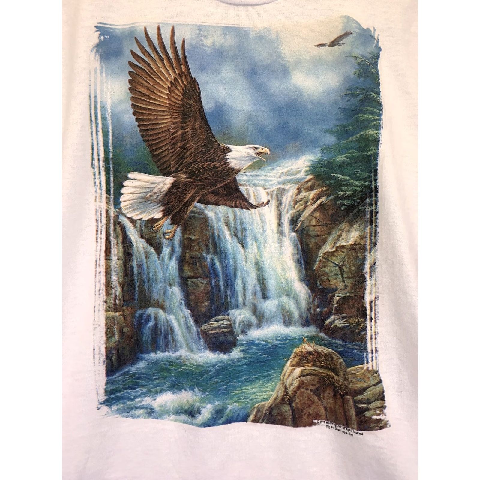 Fruit Of The Loom Vintage 1997 Wild Wings Bald Eagle Graphic Print Shirt Mens Small White Cotton Blend Graphic Tee Sportswear/Beach Mens Boys Size Small Size US S / EU 44-46 / 1 - 2 Thumbnail
