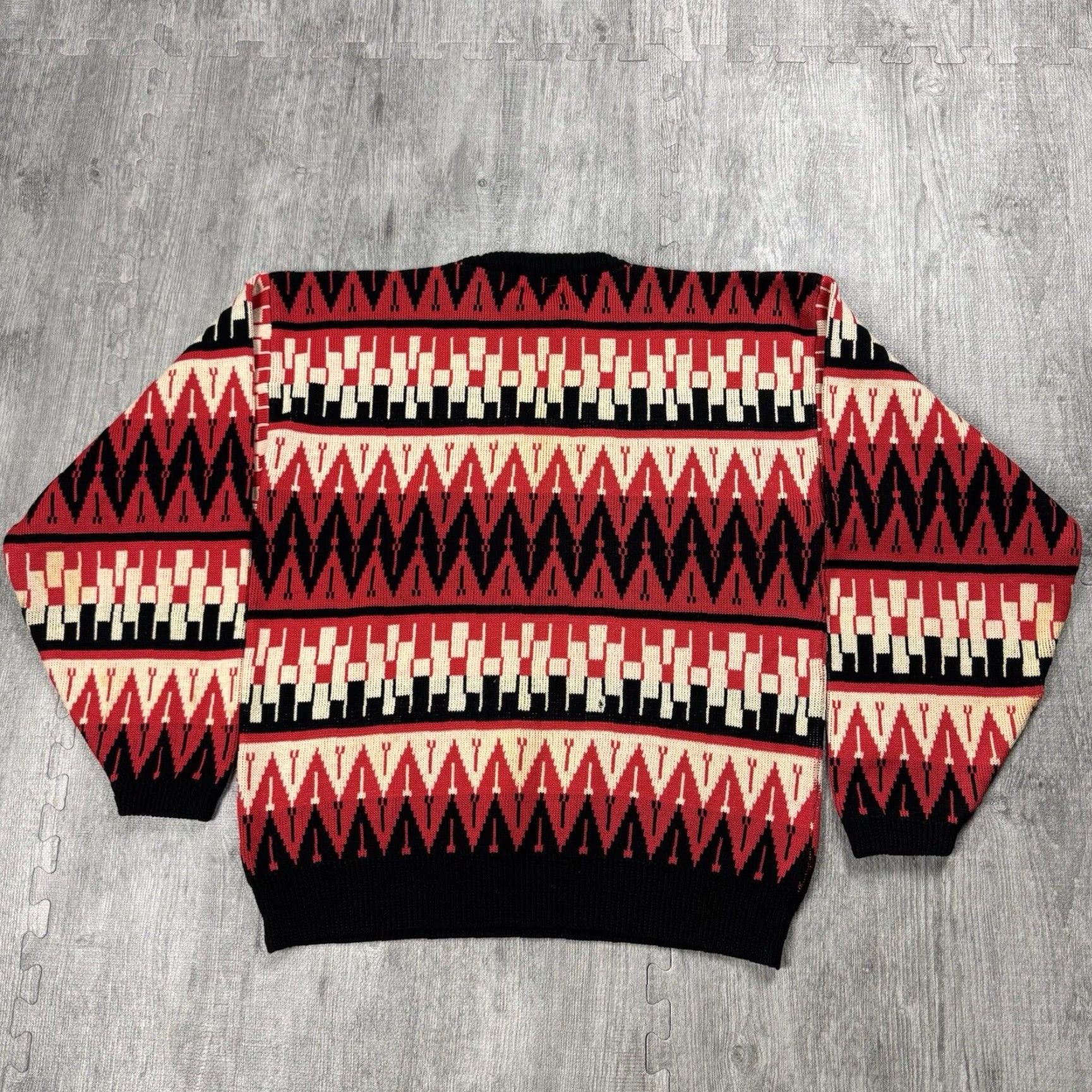 Neiman Marcus VINTAGE 80s Neiman Marcus Wool Sweater XL Red Geometric Abstract Pattern Western Classic Pullover Mens Size US XL / EU 56 / 4 - 8 Thumbnail