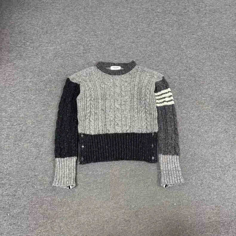 Thom Browne Thom Browne Gray Patchwork Four Stripe Wool and Mohair Swe Size US L / EU 52-54 / 3 - 1 Thumbnail