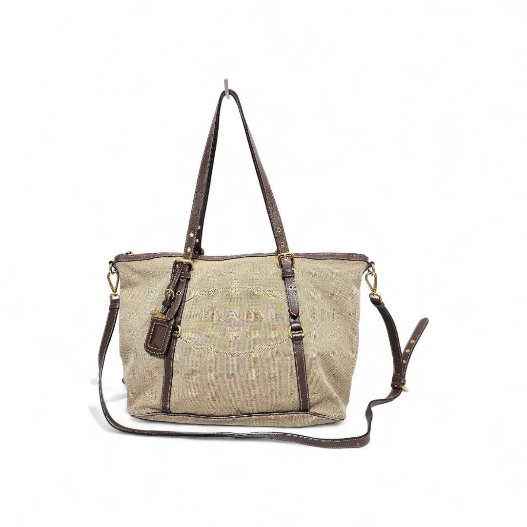 Prada Prada - Jacquard 2way Handbag Beige Brown Leather Size ONE SIZE - 1 Thumbnail