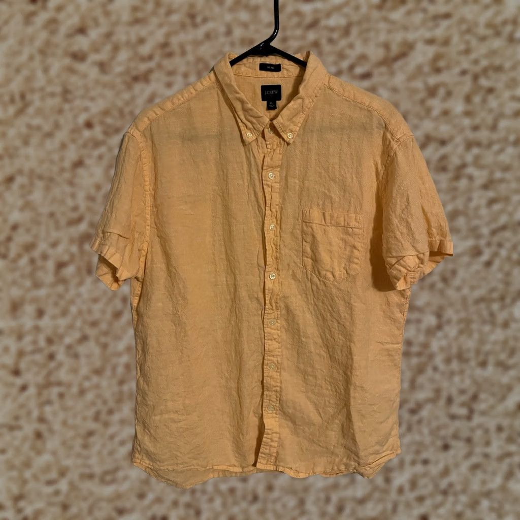 J.Crew J.Crew AL188 Slim Fit Pastel Peach Linen Blend S/S Button Up Shirt XL Men's Orange Short Sleeve Women? No, Mens Size US XL / EU 56 / 4 - 1 Thumbnail