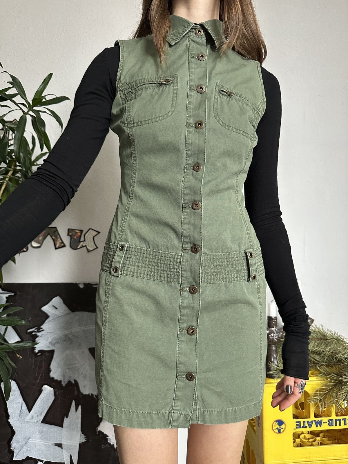 20471120 × Japanese Brand × Seditionaries Military Y2K Cotton Khaki Button Up Mini Dress Size ONE SIZE - 6 Thumbnail