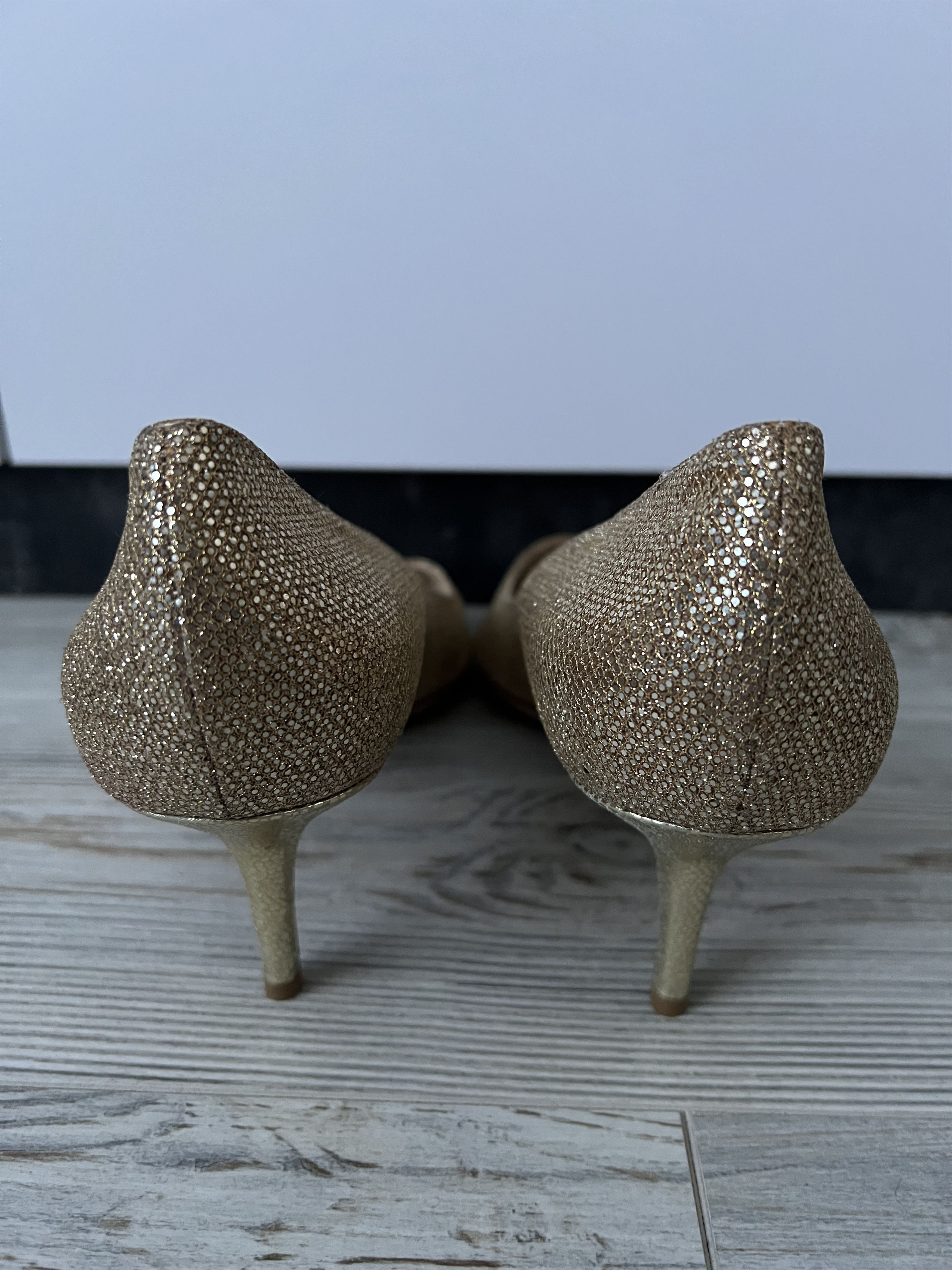 Jimmy Choo Jimmy Choo Gold Glitter Peep Toe Leather Heels Size 40 Size US 10 / IT 40 - 4 Thumbnail