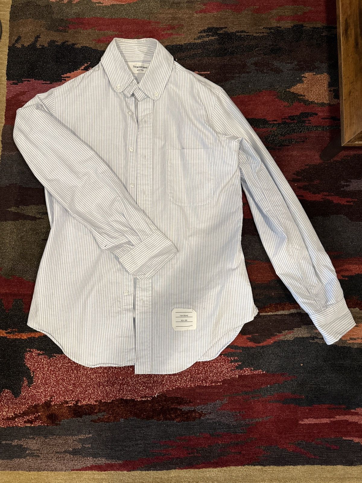 image of Thom Browne Button Down in Blue White Stripes, Men's (Size Medium)