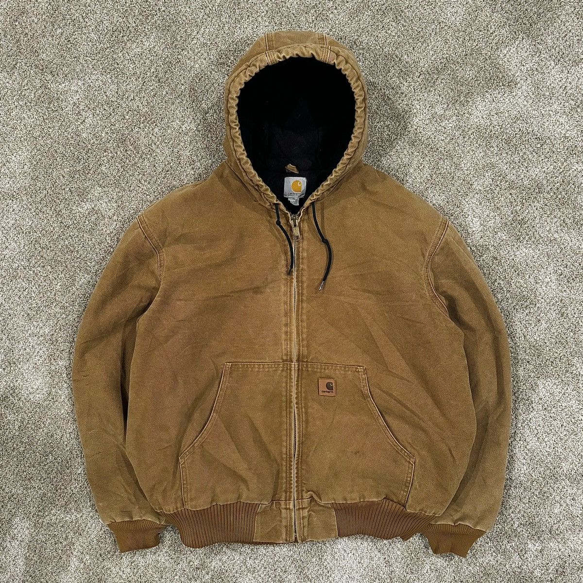 image of Tan Brown Leather Patch Carhartt Hoodie Jacket, Men's (Size XL)