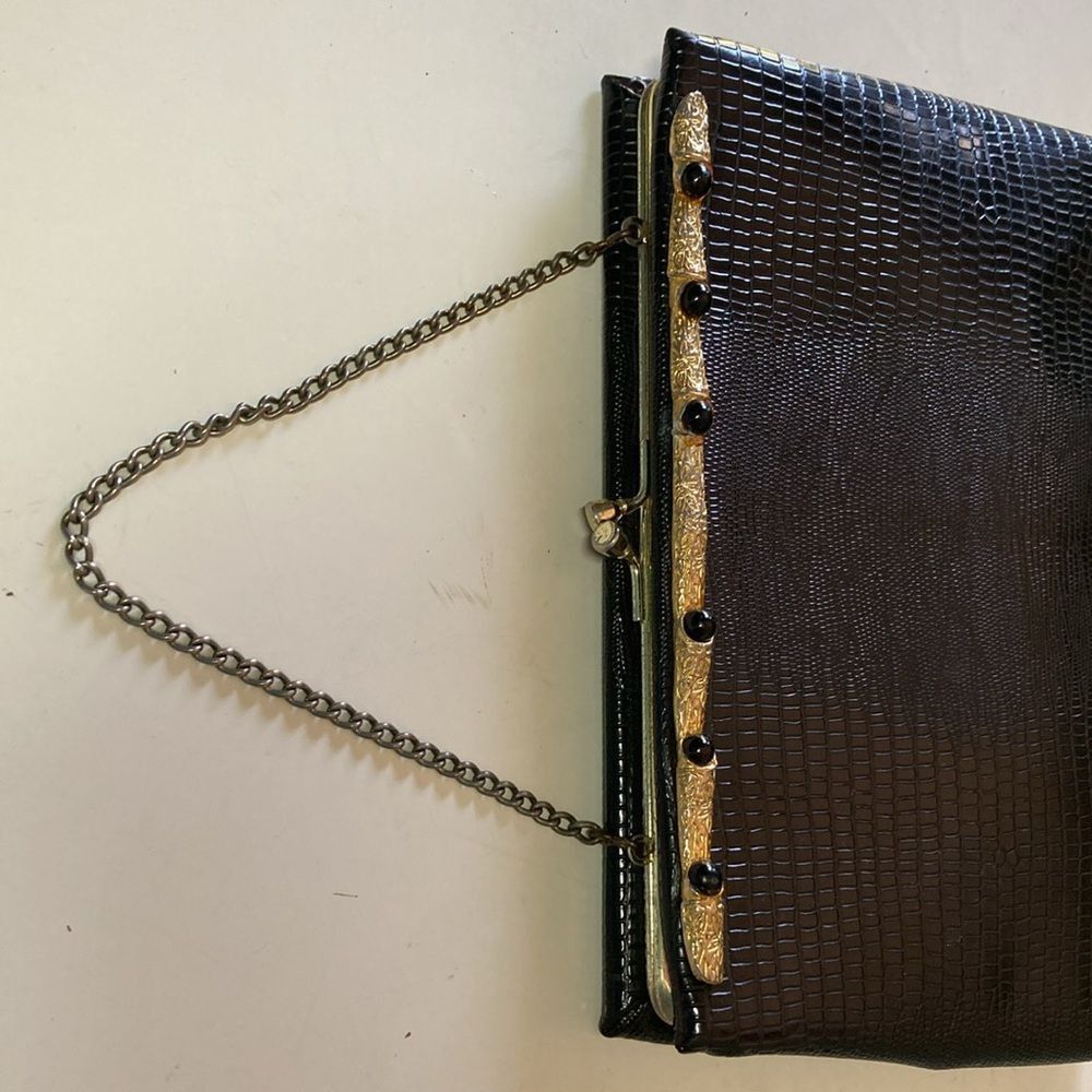 Vintage Vintage Lizard Clutch Handbag Black with Chain Handle 6 X 9 Size ONE SIZE - 4 Thumbnail