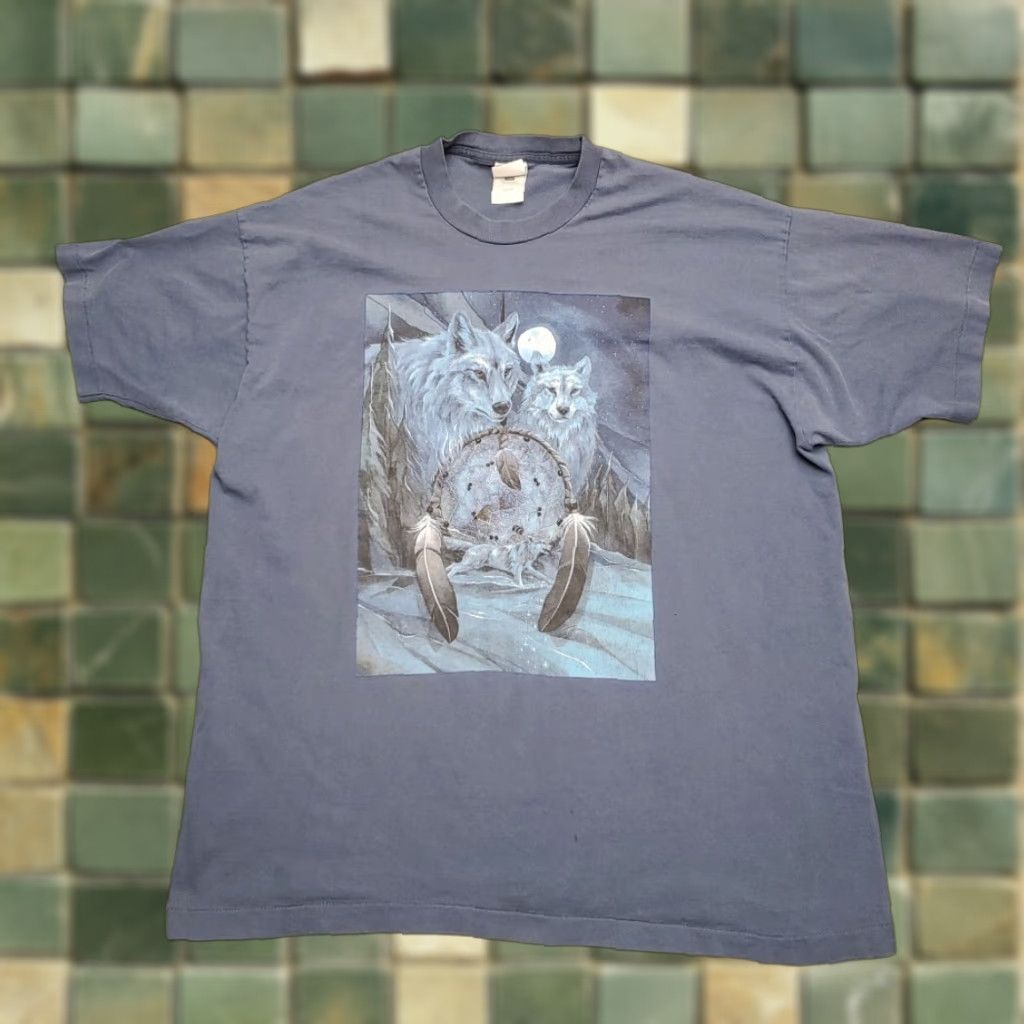 Fruit Of The Loom VINTAGE Nature T Shirt Mens 2XL Blue Native Outdoors Wolf Moonlight TEE Made in USA Size US XXL / EU 58 / 5 - 1 Thumbnail