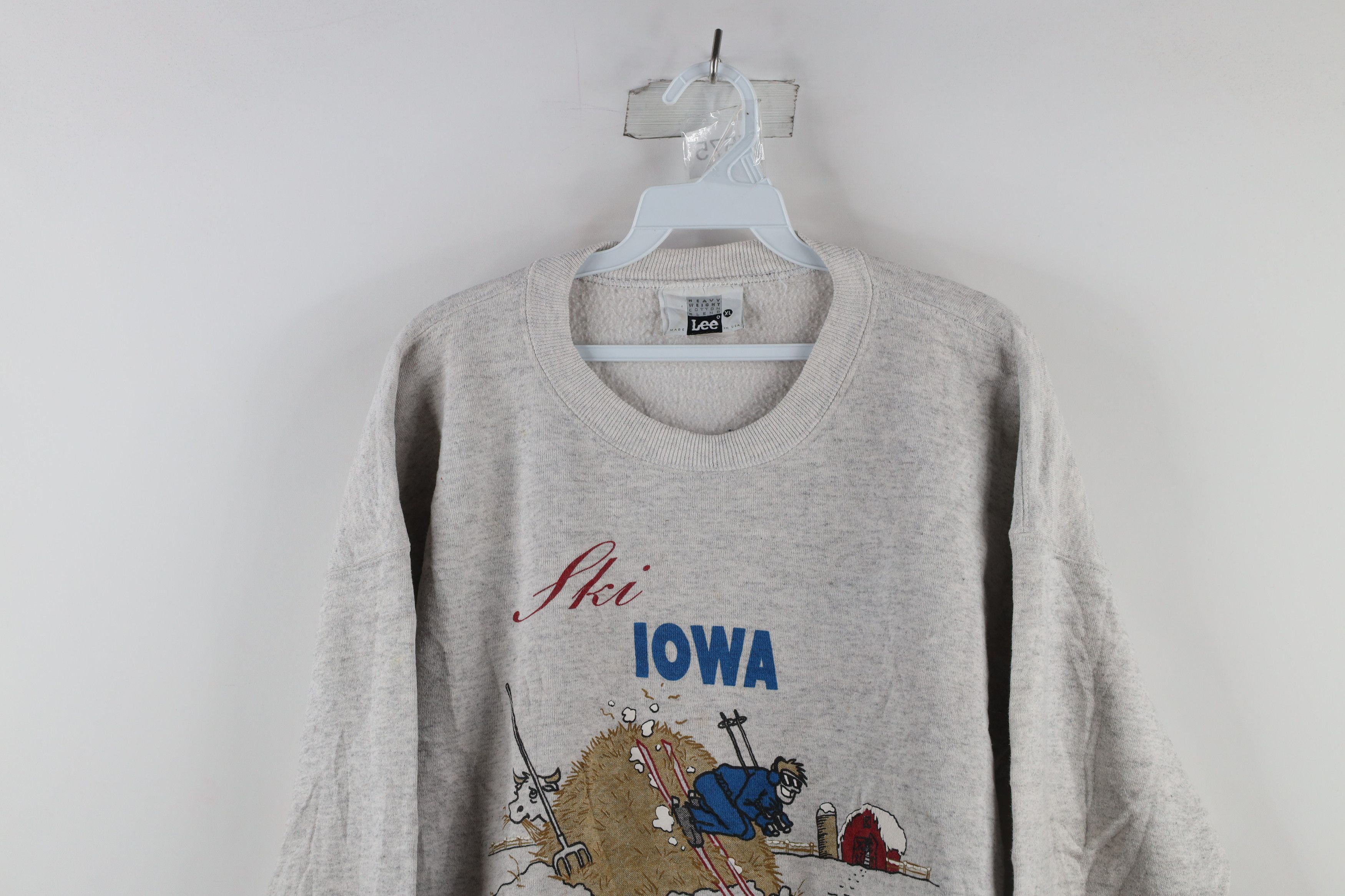 Vintage 90s Spell Out Ski Iowa Crewneck Sweatshirt Gray USA Tops