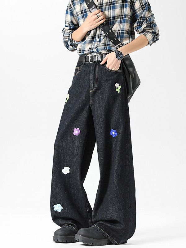 Japanese Brand Men's Retro Loose Straight Wide-Leg Floral Embroidered Jeans Size US 32 / EU 48 - 3 Thumbnail