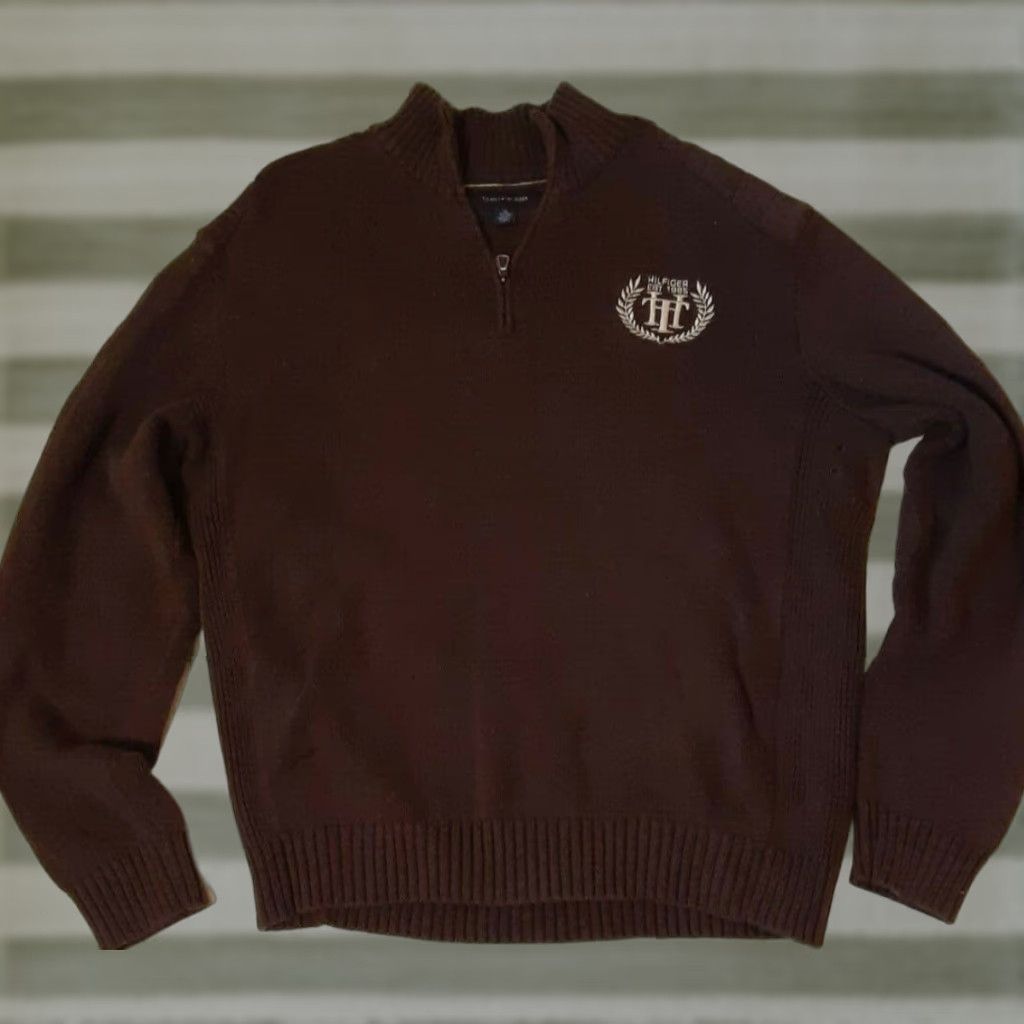 Tommy Hilfiger VINTAGE Tommy Hilfiger Sweater 1/4 Zip Crew Neck Men 8XL Brown Cotton Crest Pullover II 26in Long Mens Size US XXL / EU 58 / 5 - 1 Thumbnail