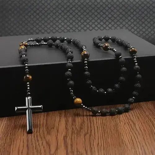 Jewelry Natural Lava Stone Tiger-eye Hematite Cross Pendant Necklace Size ONE SIZE - 2 Thumbnail