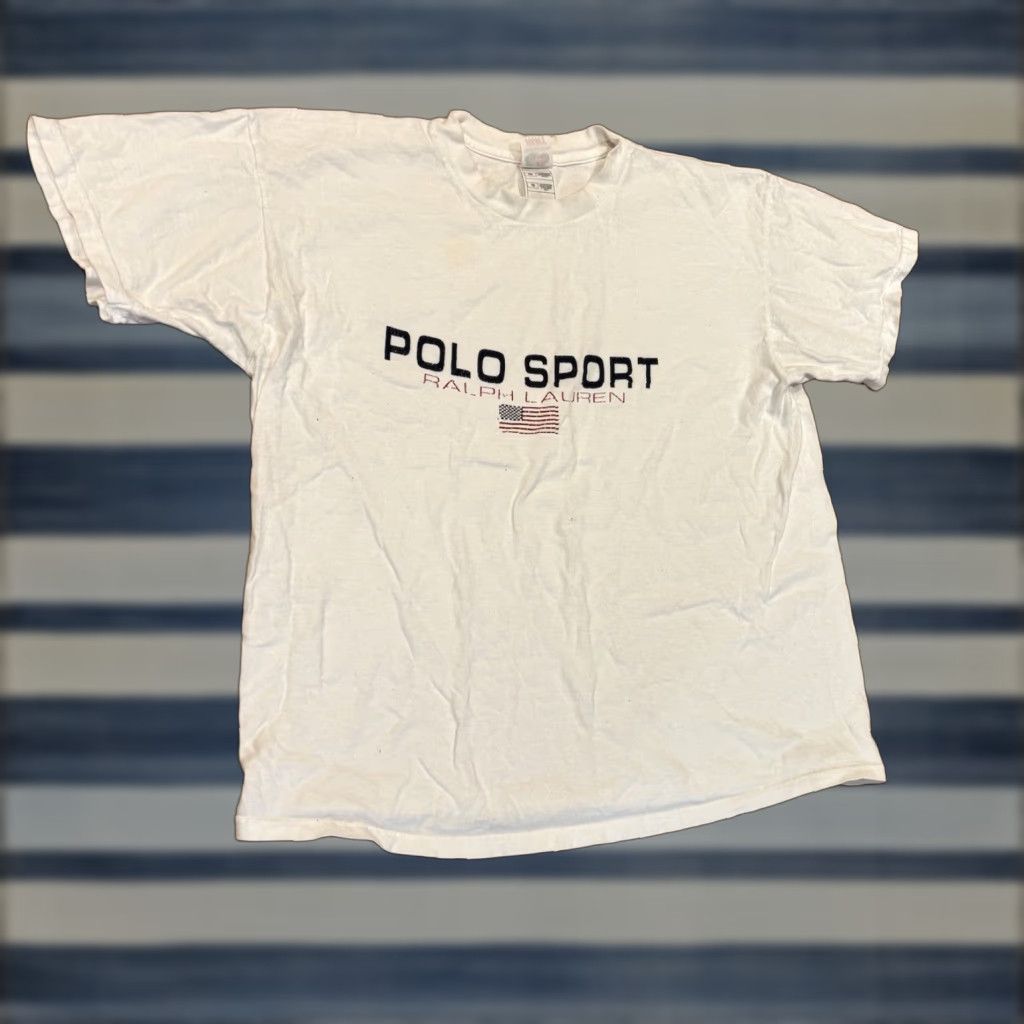 VINTAGE Ralph Lauren Polo Sport White T-Shirt Spellout Logo USA Flag 90s Mens XL Short Sleeve Crew Neck Graphic Print