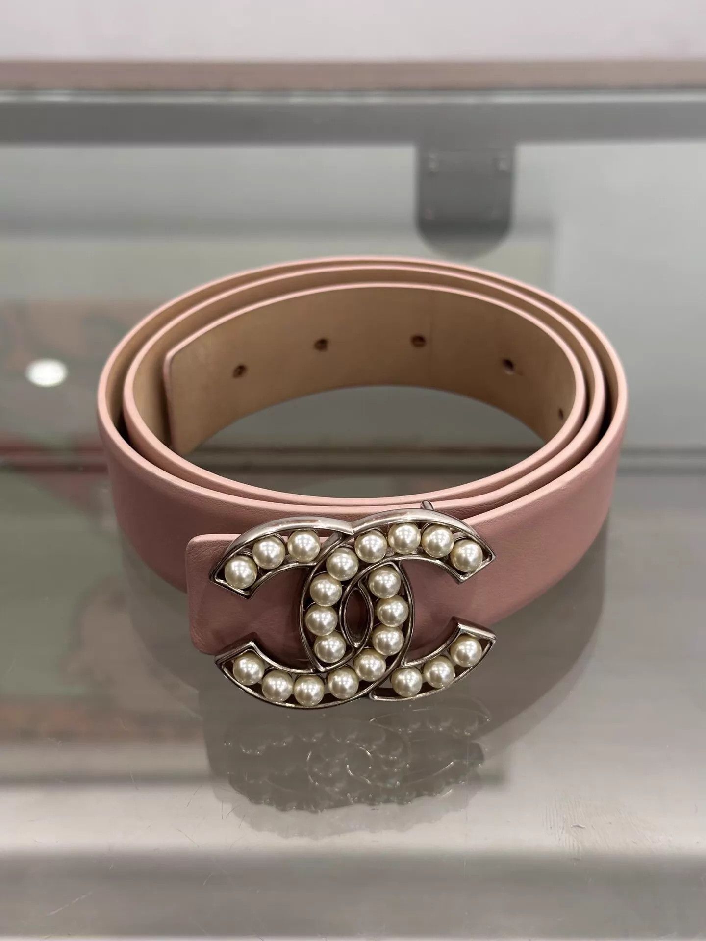 Chanel Chanel Pearl CC Silver Buckle Belt Pink Light Brown 3cm 75 Size ONE SIZE - 1 Thumbnail