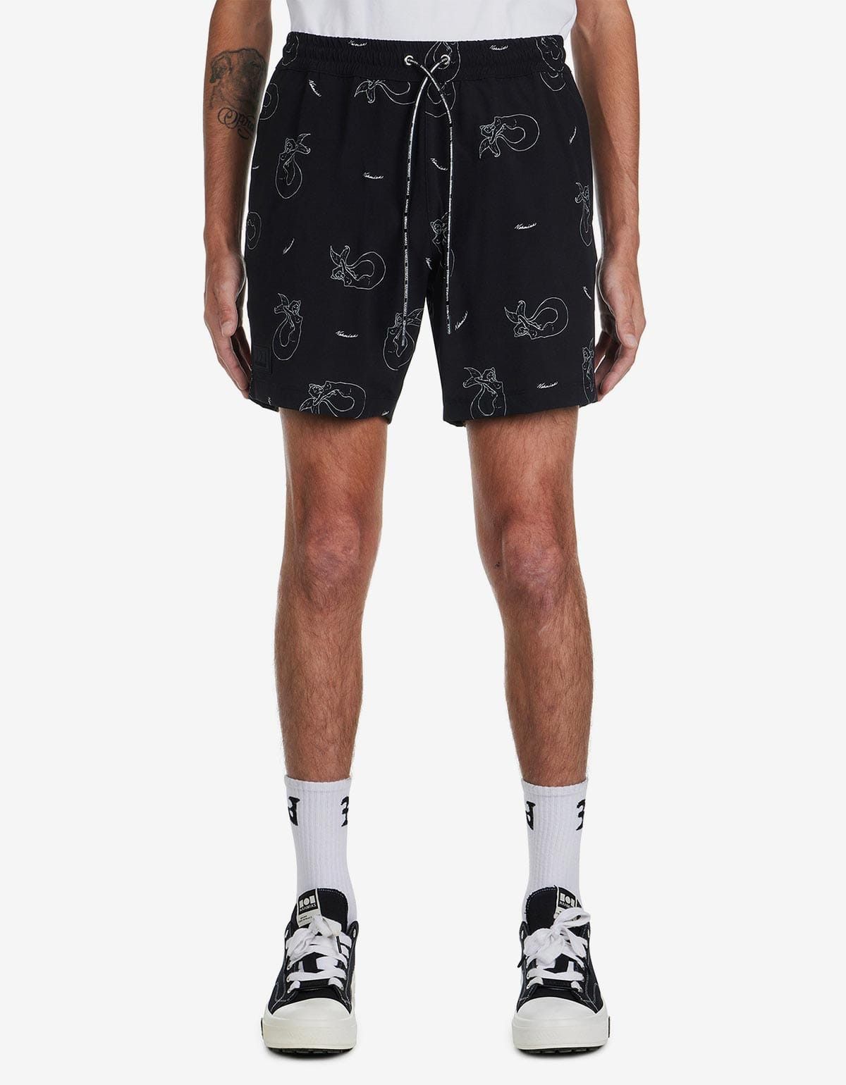 Black Mermaid Print Swim Shorts