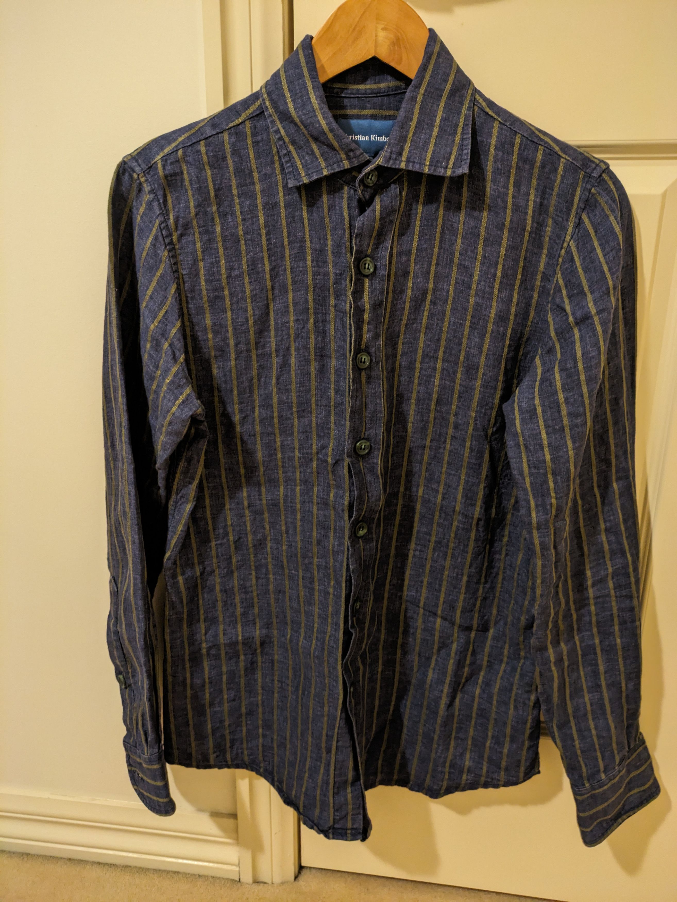 image of Christian Kimber Linen Stripe Shirt in Navy/Gold, Men's (Size Small)