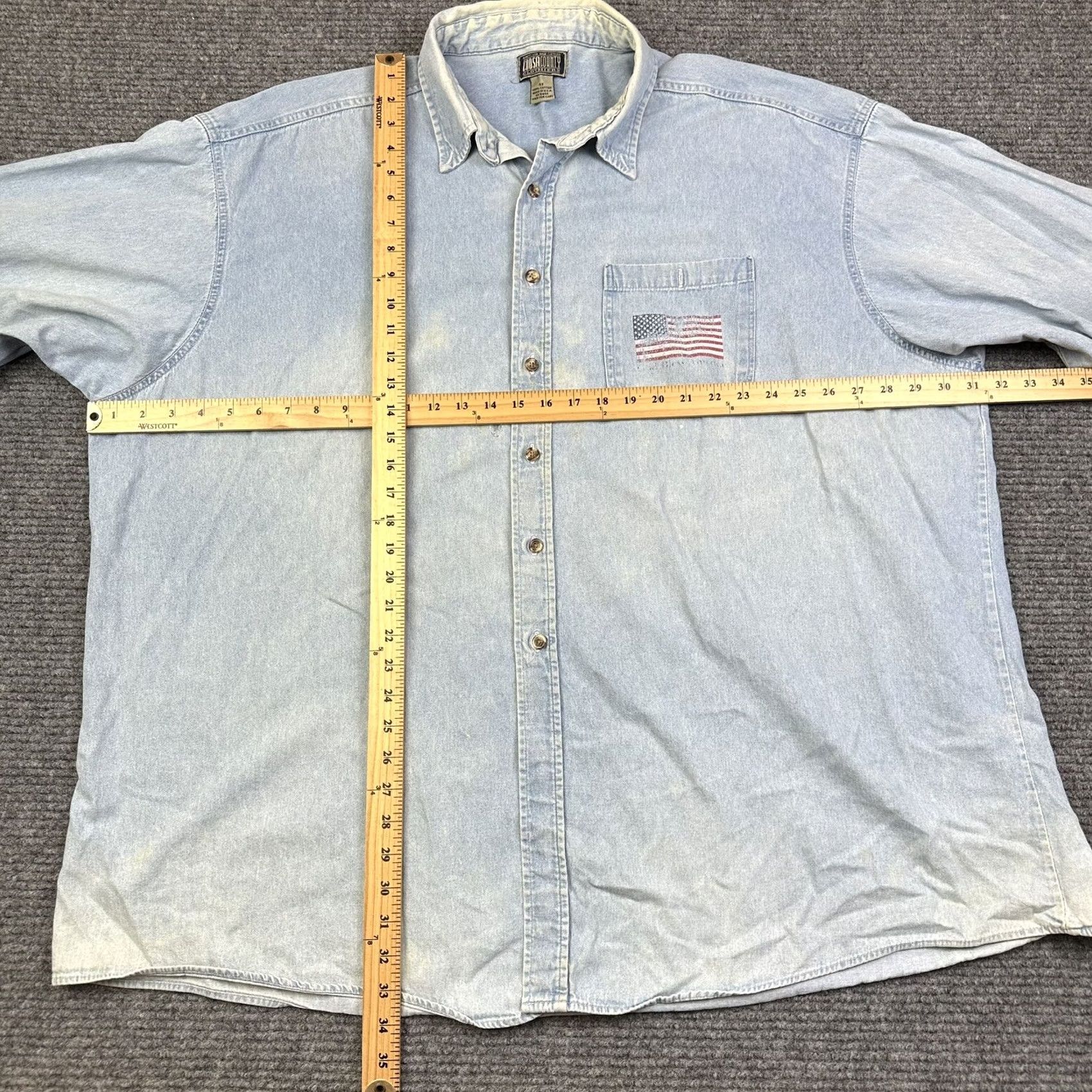 Denime VINTAGE American Flag Denim Button Up Shirt 4X Unisex Adults blue Sun Faded USA 90s 80s Coosa County Size US XXL / EU 58 / 5 - 4 Thumbnail