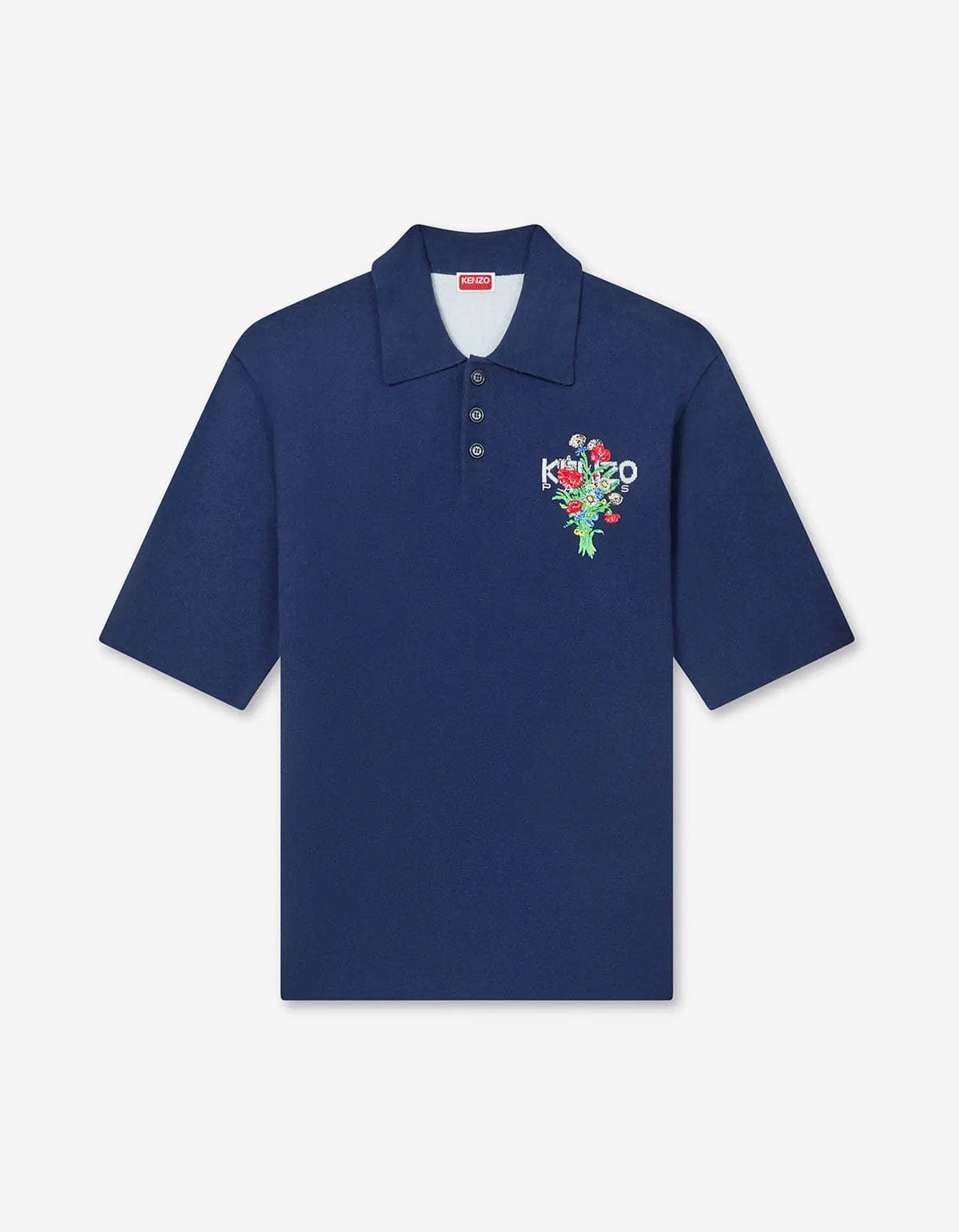 Kenzo Archive Bouquet Blue Embroidered Knit Polo Shirt