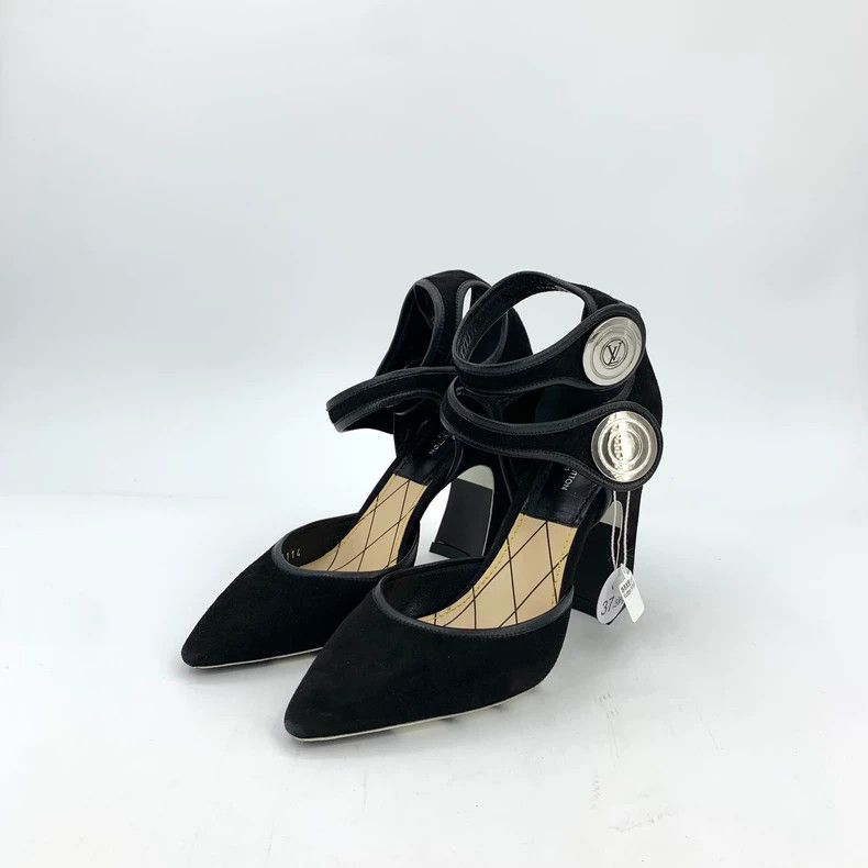 Louis Vuitton Louis Vuitton Black suede pointed-toe buckled chunky heels Size US 7 / IT 37 - 1 Thumbnail
