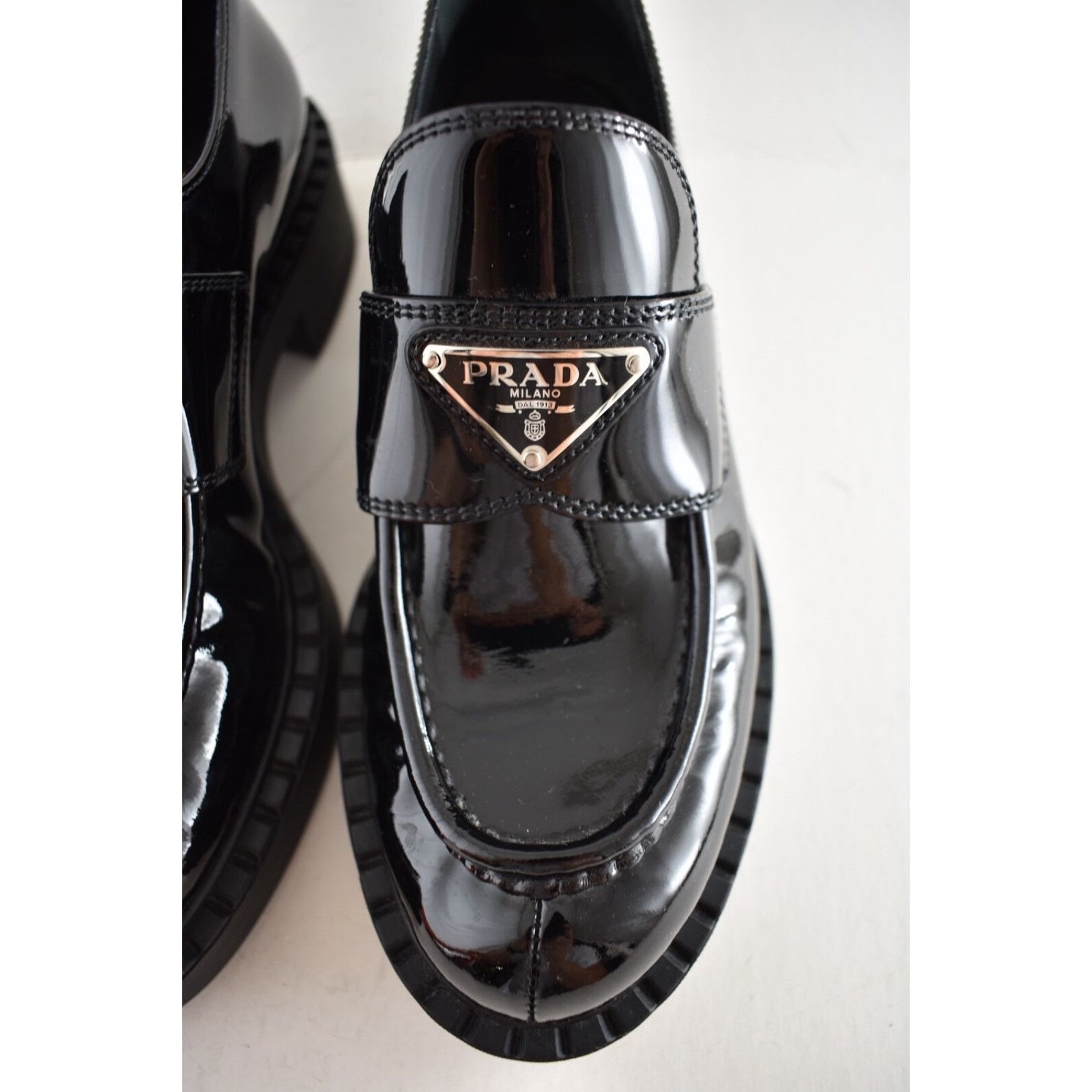 Prada Prada Chocolate Black Patent Leather Silver Logo Platform Size US 6 / IT 36 - 11 Thumbnail
