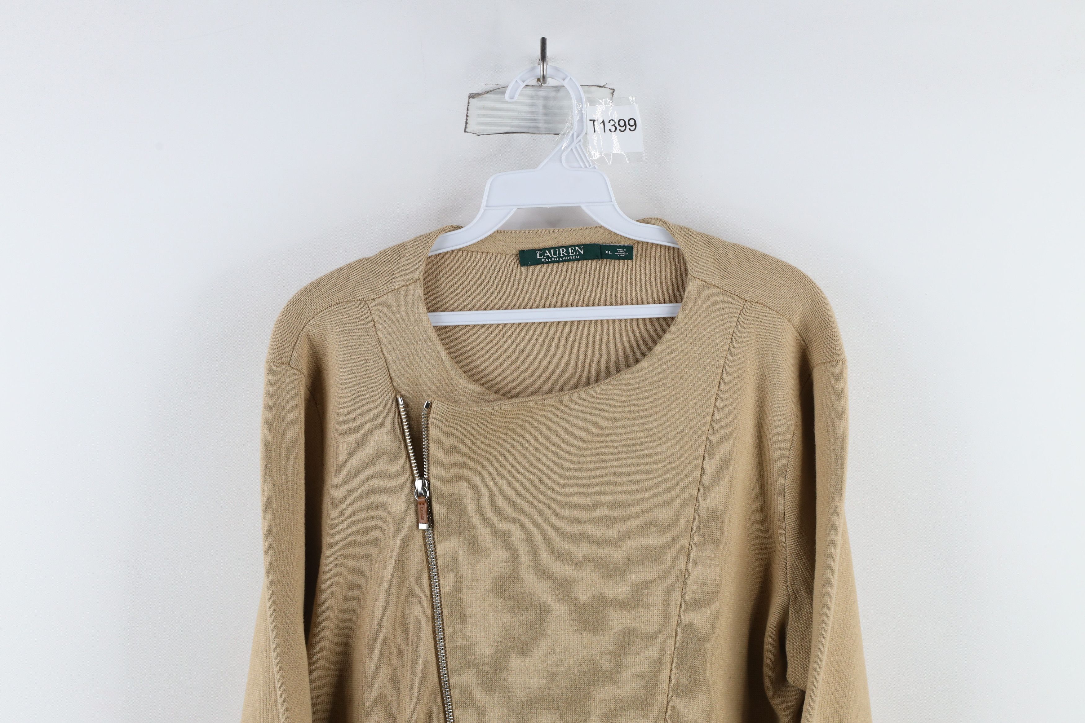 Ralph Lauren × Vintage Vintage Ralph Lauren Asymmetrical Zip Knit Sweater Beige Size XL / US 12-14 / IT 48-50 - 2 Thumbnail