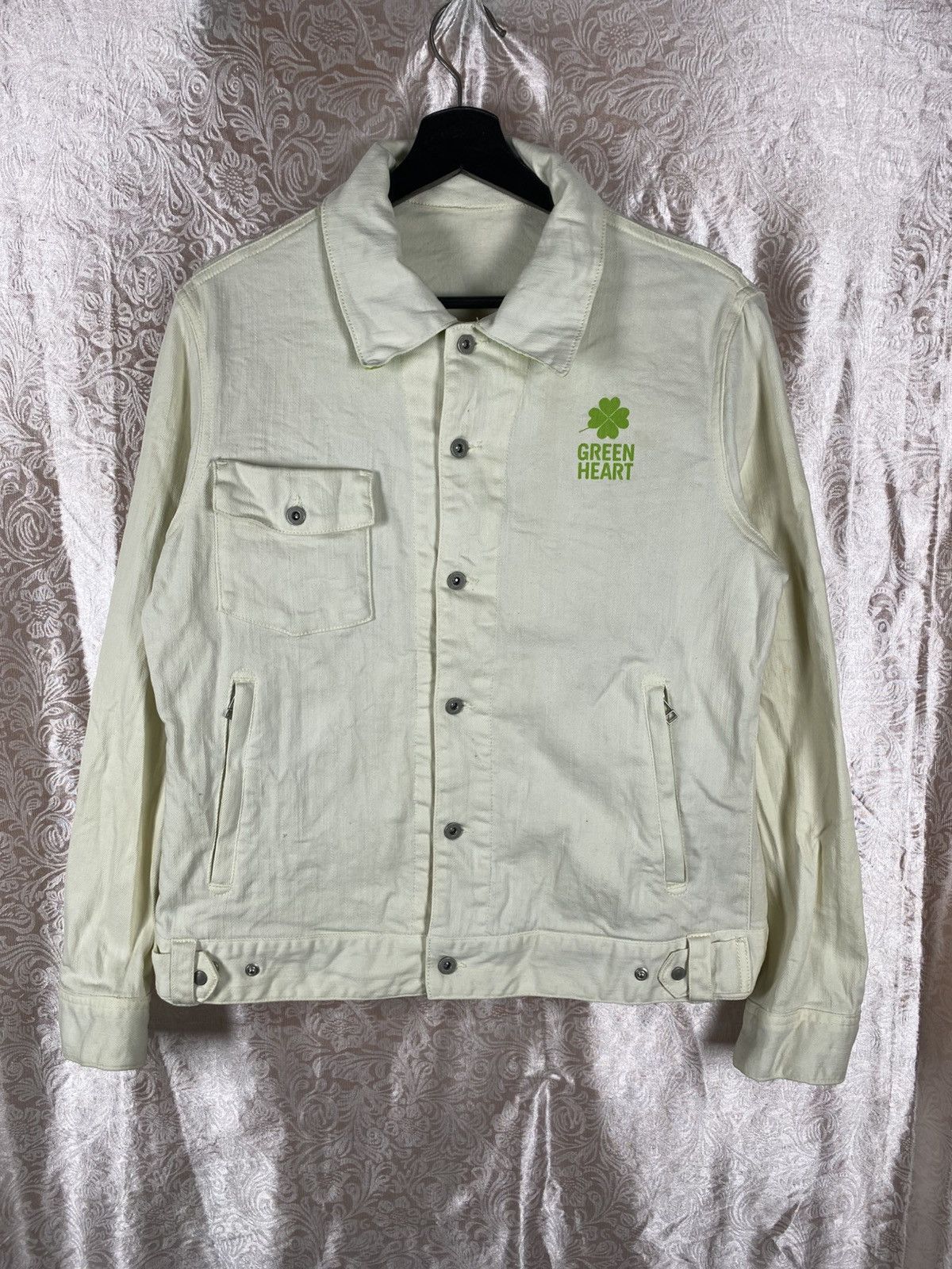 Vintage Vintage Green Heart White Denim Jacket Clover Graphic Size US M / EU 48-50 / 2 - 3 Thumbnail