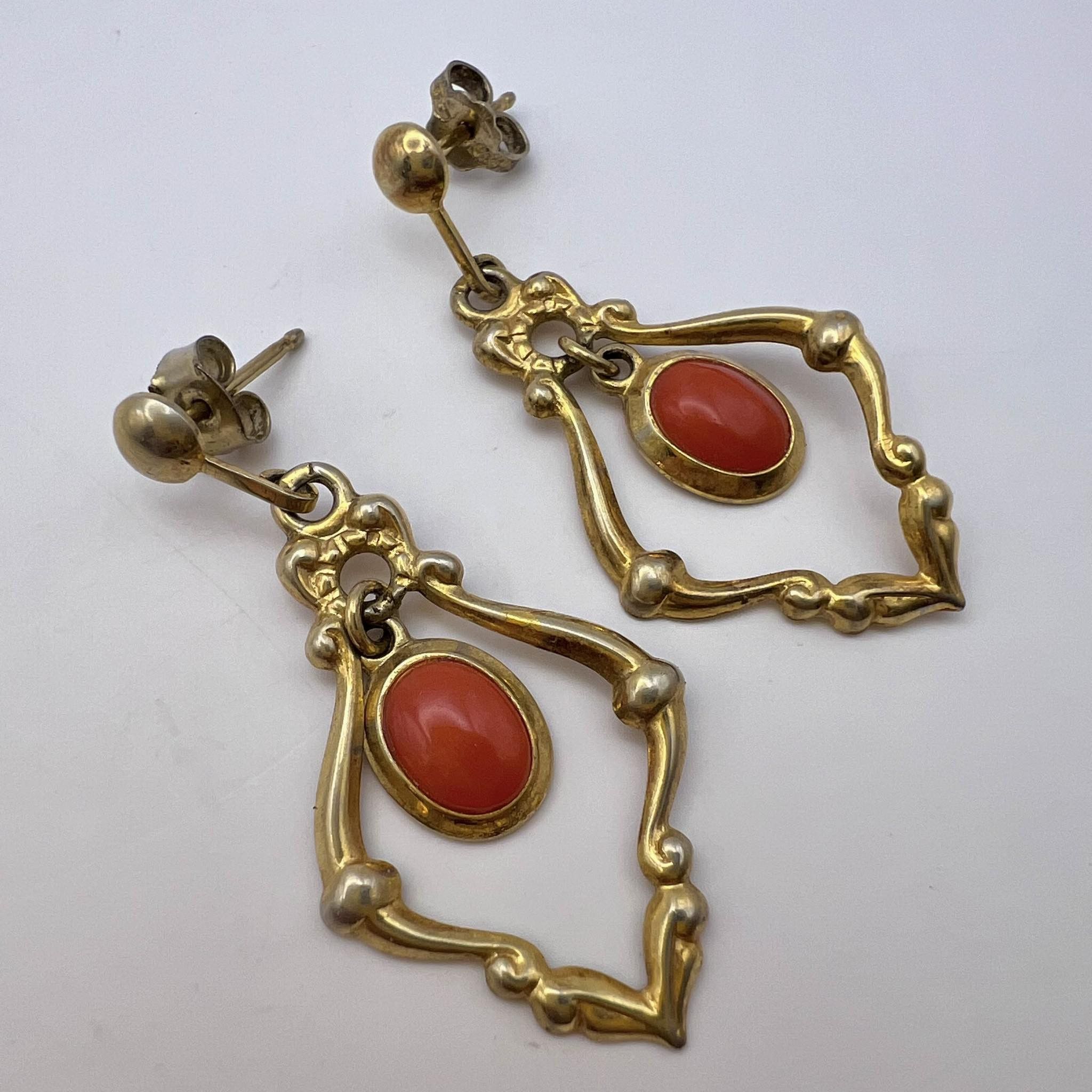 Vintage Gilt Sterling Silver 925 Vintage Earrings Coral Gemstone Size ONE SIZE - 5 Thumbnail