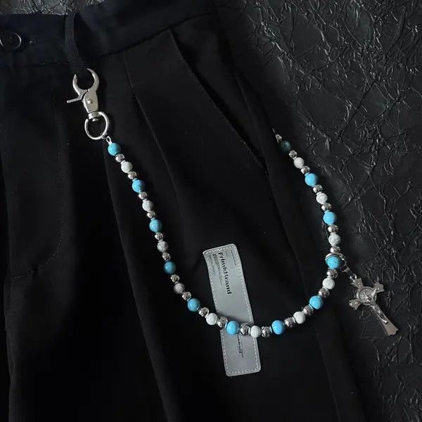 Jewelry Blue Beaded Cross Wallet Chain, Belt Chain, Pants Chain Size ONE SIZE - 4 Thumbnail