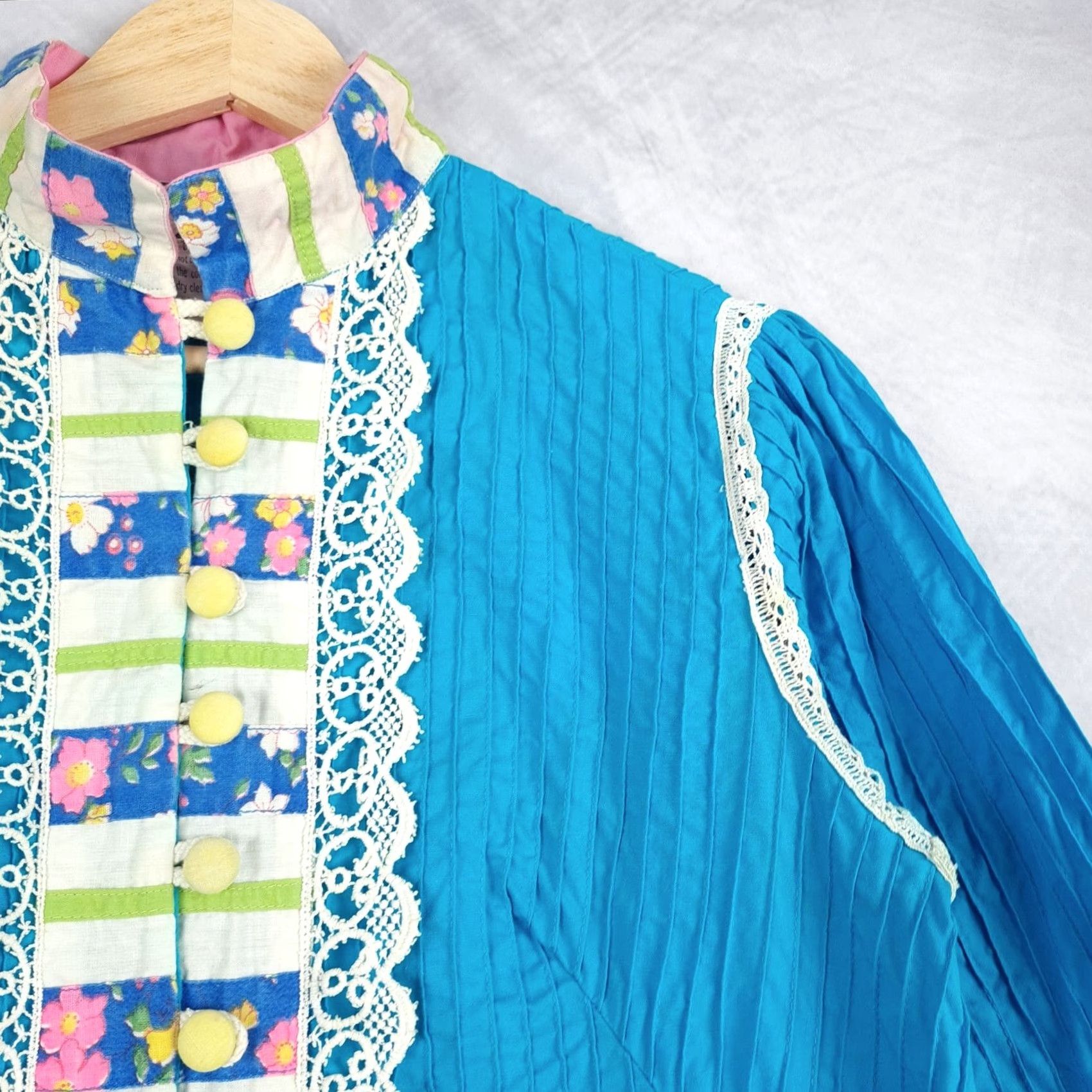 Folk VINTAGE Georgia Charuhas Maxi Dress Womens 8 Mexican Prairie Folk Eclectic Frida Dress Blue 70s 3/4 Sleeve Bell Mock Neck Casual Party/Cocktail Size M / US 6-8 / IT 42-44 - 4 Thumbnail