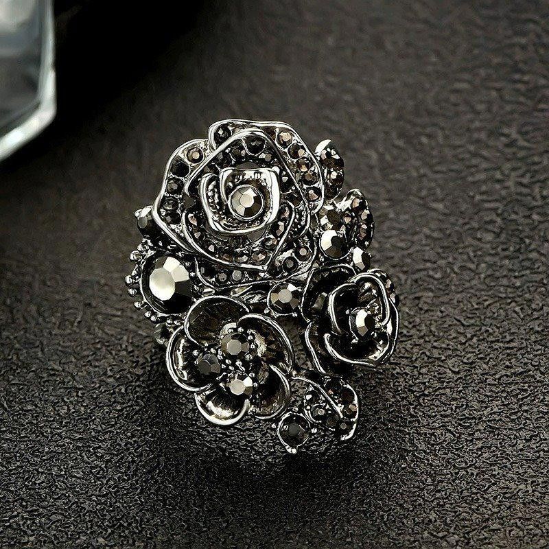 Designer 28mm Vintage Black Rose Ethnic Antique Silver Ring - Size 6 Size ONE SIZE - 4 Thumbnail