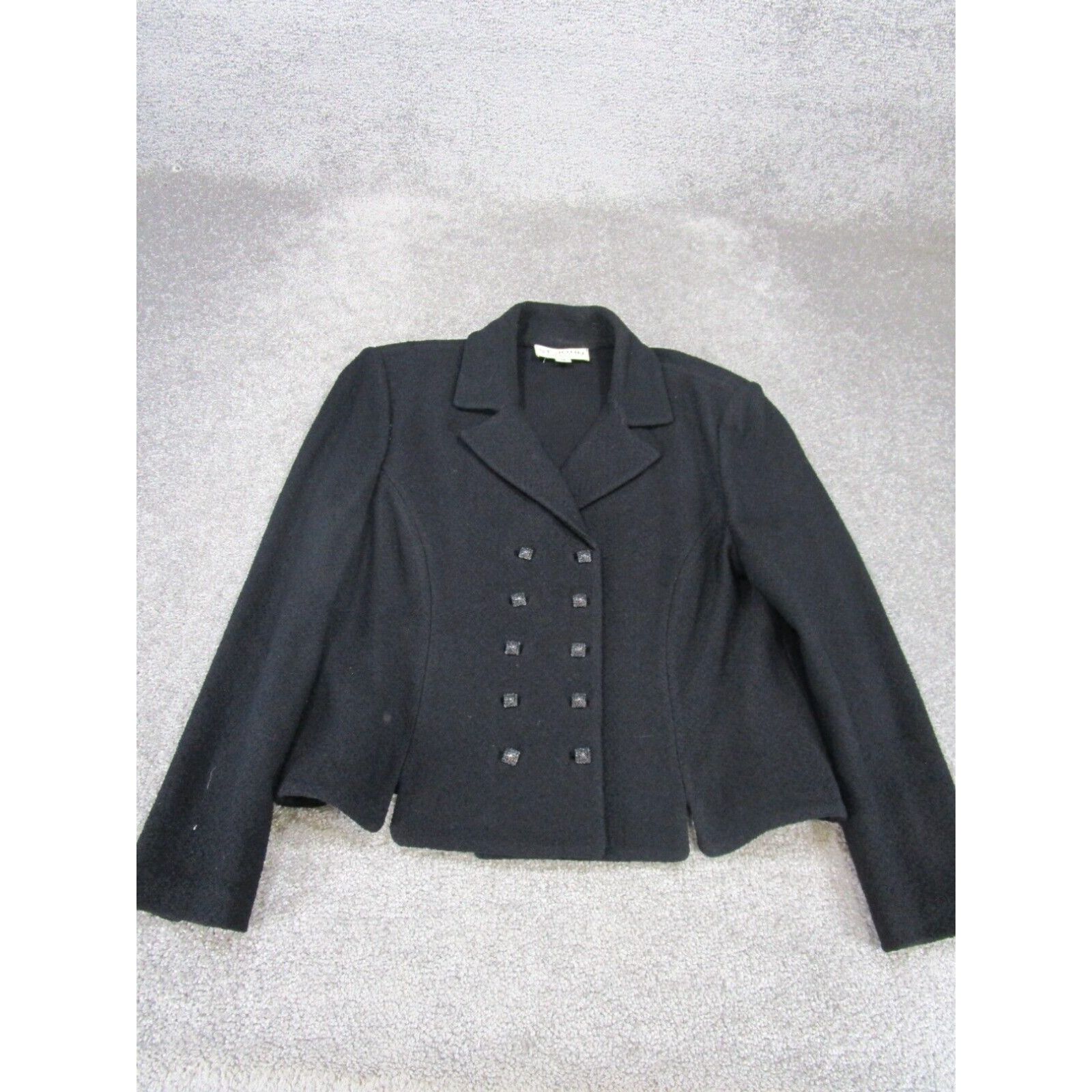 image of Vintage St. John Blazer Womens 12 Black Knit Double Breasted 10 Buttons in White (Size XL)