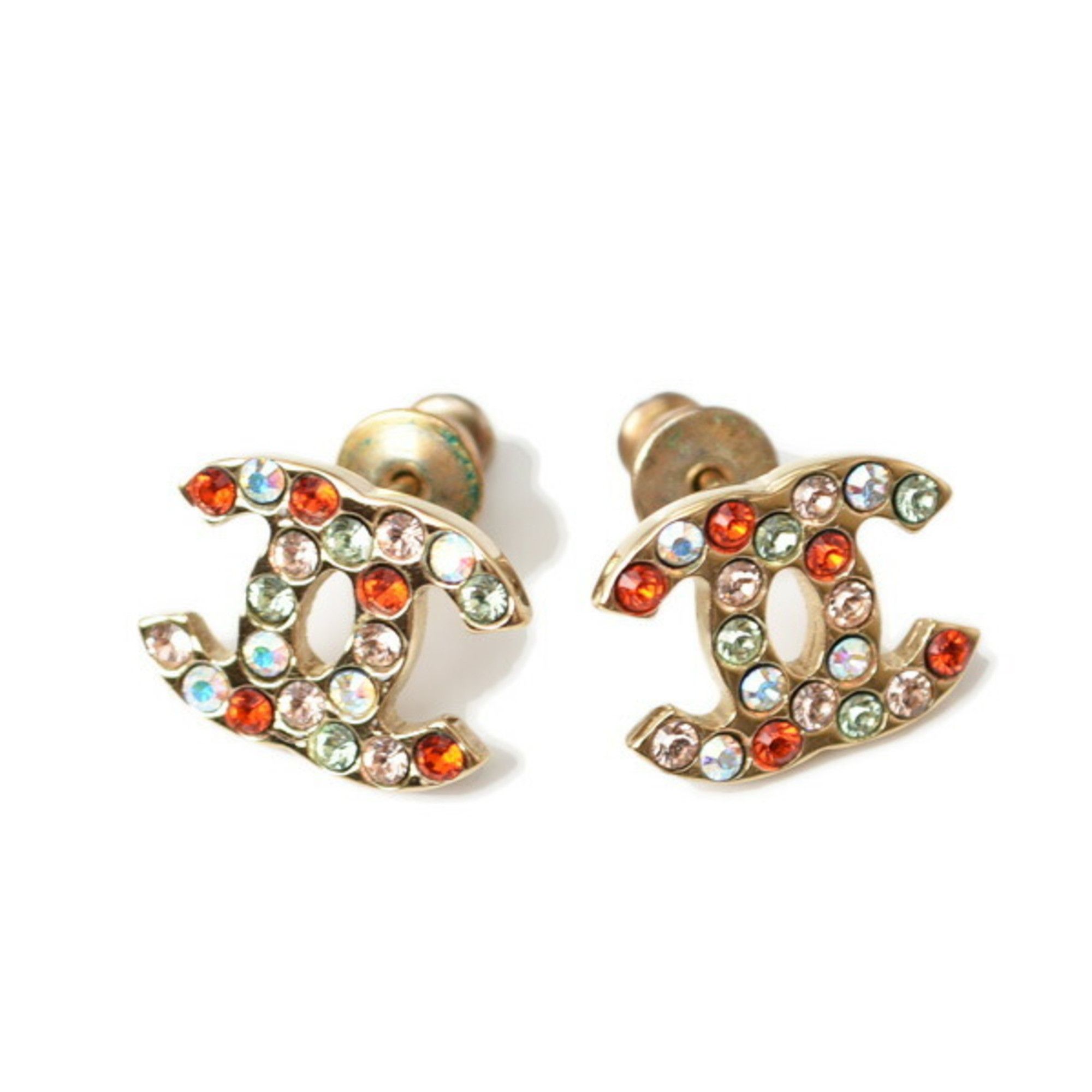 image of Chanel Earrings Coco Mark Cc Gold Red Multi Rhinestone, Women's