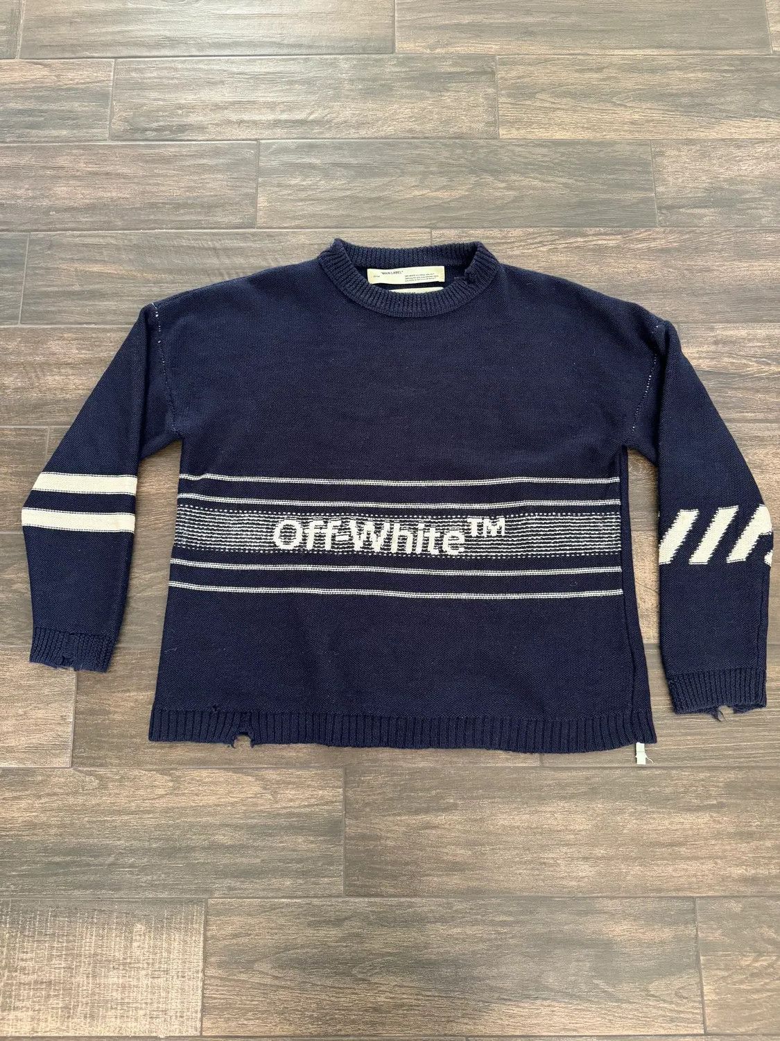 image of Off White Off-White Distressed Intarsia Logo Sweater in Navy, Men's (Size XL)