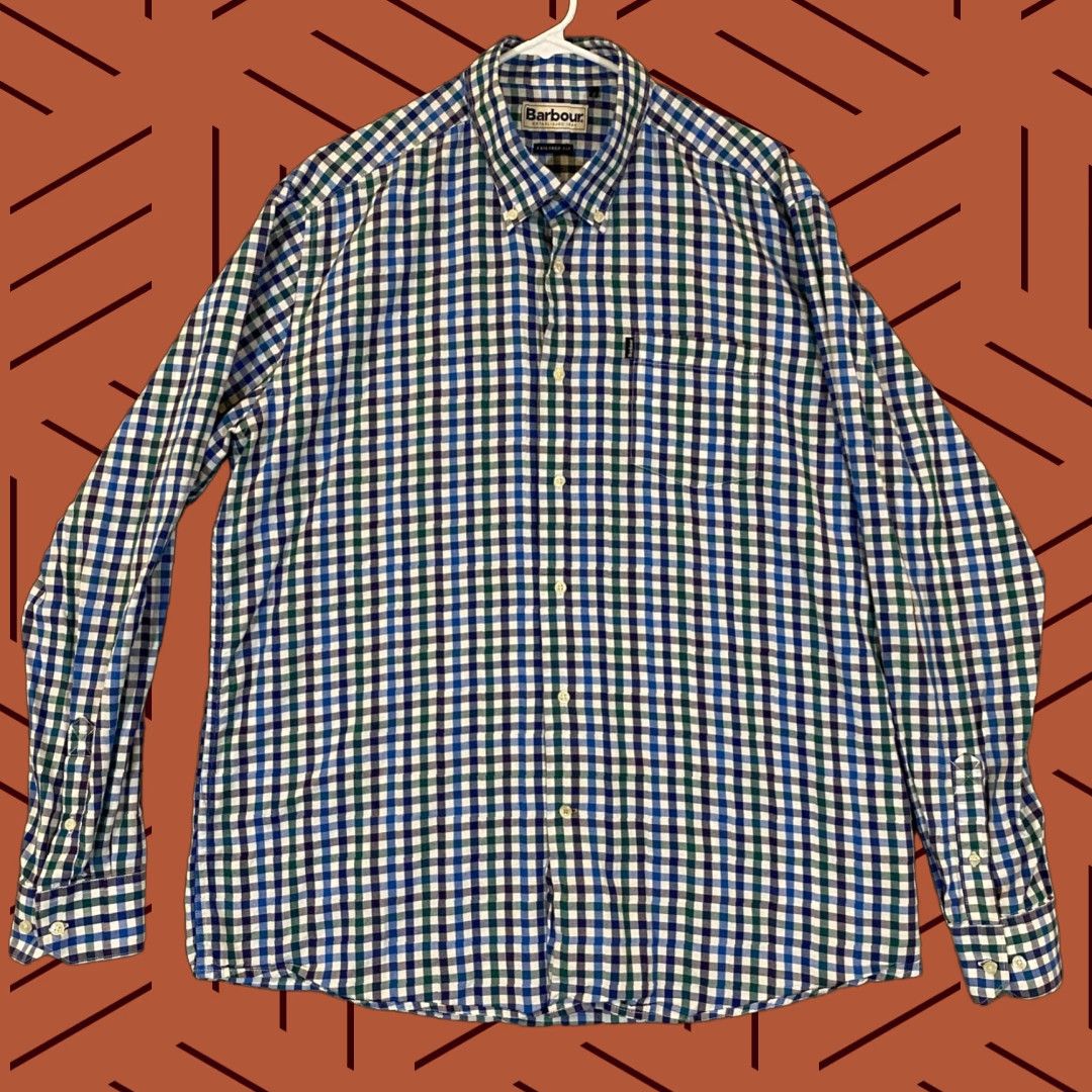 Barbour VINTAGE Barbour Shirt Mens Large Plaid Cotton Button-Down Long Sleeve Casual Business Formal Seasonal Classic Blue White Green Mens Size US L / EU 52-54 / 3 - 1 Thumbnail
