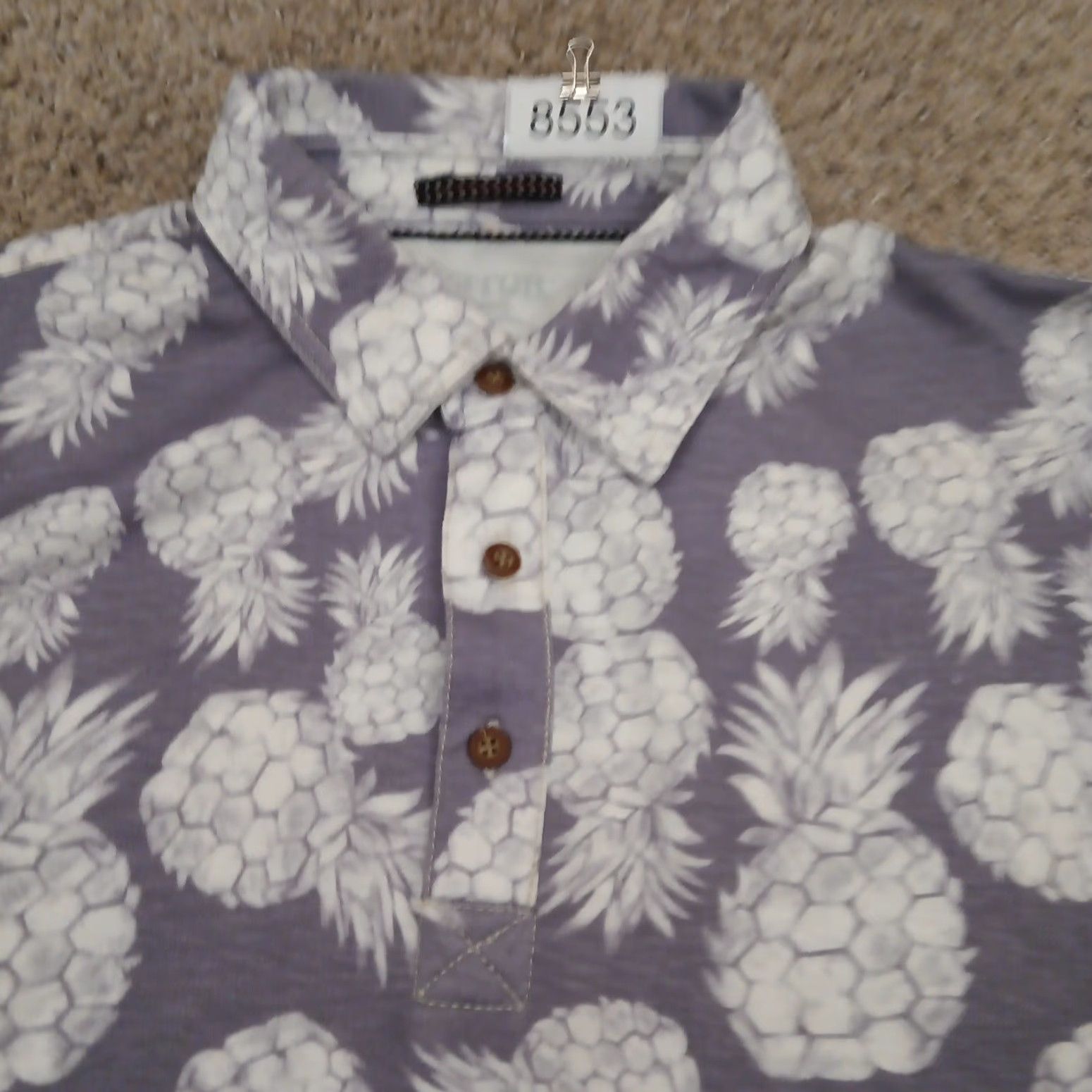Vintage Visitor Polo Shirt Mens Large Purple Pineapple Pattern Short Sleeve Modal Blend Size US L / EU 52-54 / 3 - 3 Thumbnail