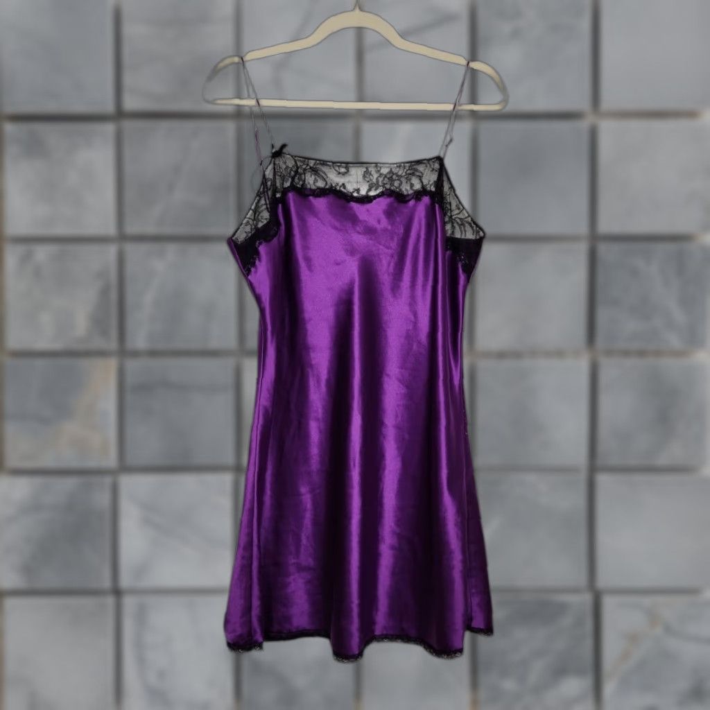 Victoria's Secret VINTAGE Victoria's Secret Satin Slip Dress Lace Bows Purple L Women's Short 32 18 90s Y2K Witchy Dress Size L / US 10 / IT 46 - 1 Thumbnail