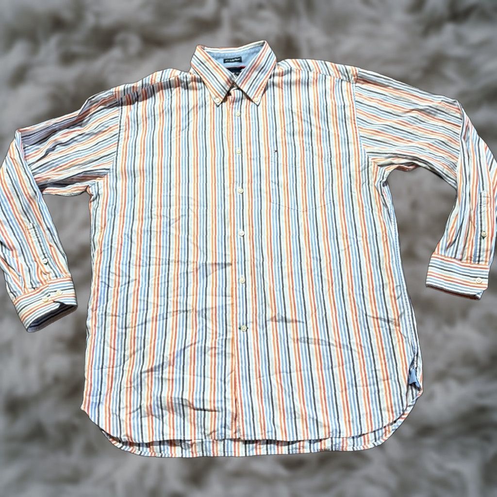 Tommy Hilfiger VINTAGE Tommy Hilfiger Mens Shirt Button-Down Size Large Striped Orange Blue 80s 2 Ply Size US L / EU 52-54 / 3 - 1 Thumbnail