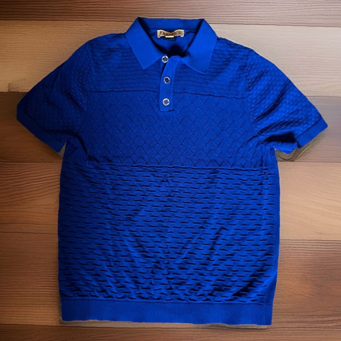 Vintage Prestige Polo Shirt Mens L Blue Knit Premium Luxe Geometric Preppy Short Sleeve Button Collared 38 Chest Regular Size US L / EU 52-54 / 3 - 3 Thumbnail