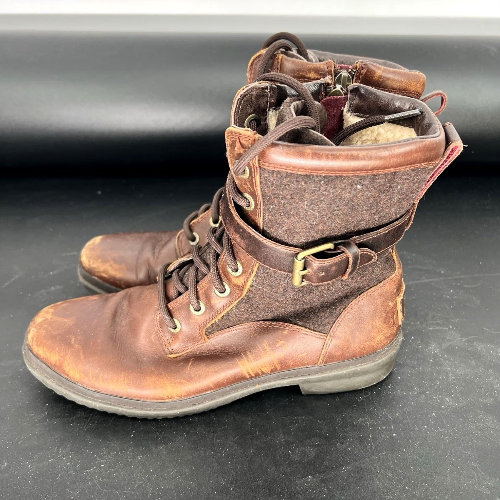 Ugg UGG Australia Kesey Women's Boots Brown Leather Sheepskin Lined Zip Ankle Town 7 Women Combat Waterproof Round Toe Buckle Logo Block Heel 1-1.9in Size US 7 / IT 37 - 3 Thumbnail
