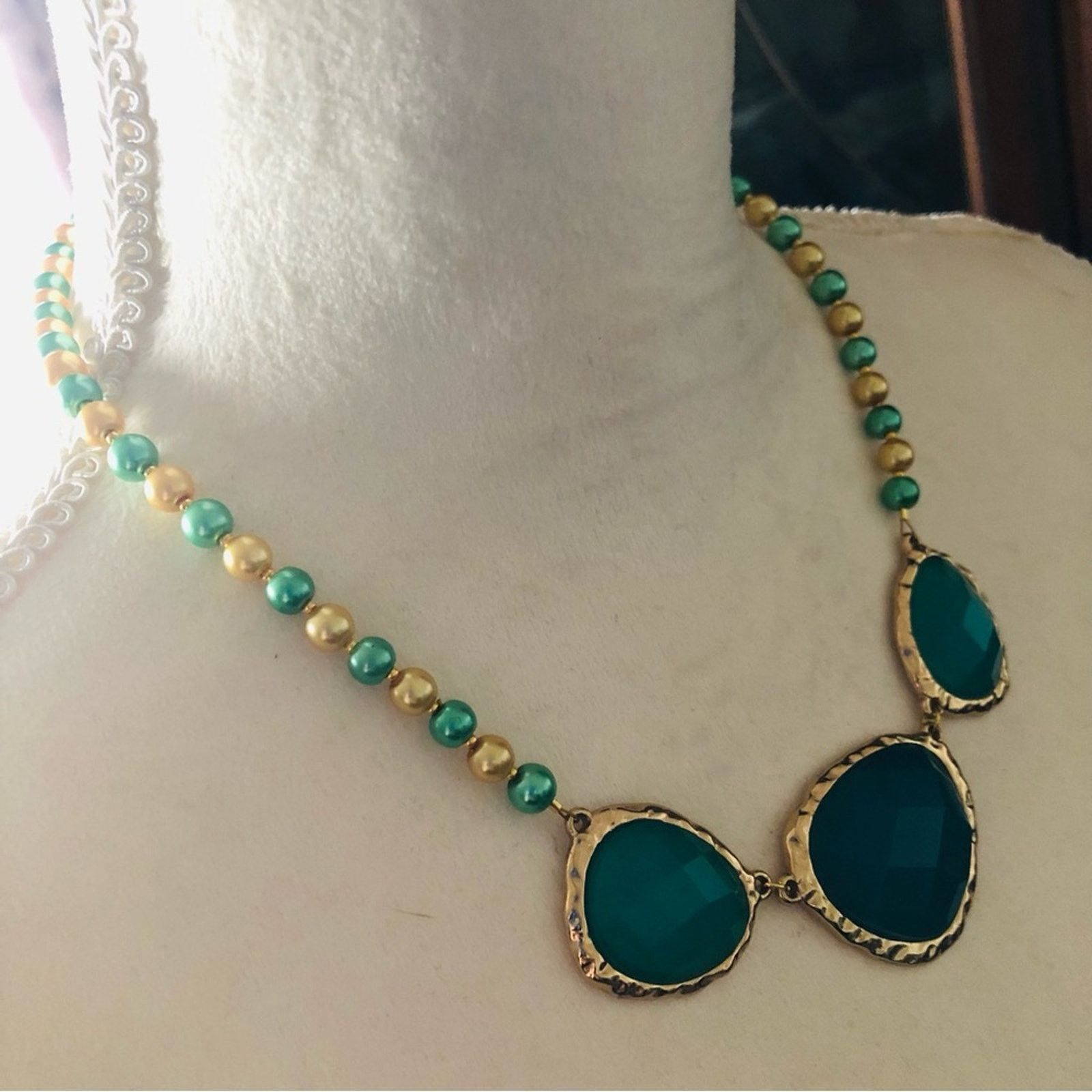 Handmade Handcrafted repurpose teal green dome glass Pearl necklace Size ONE SIZE - 3 Thumbnail