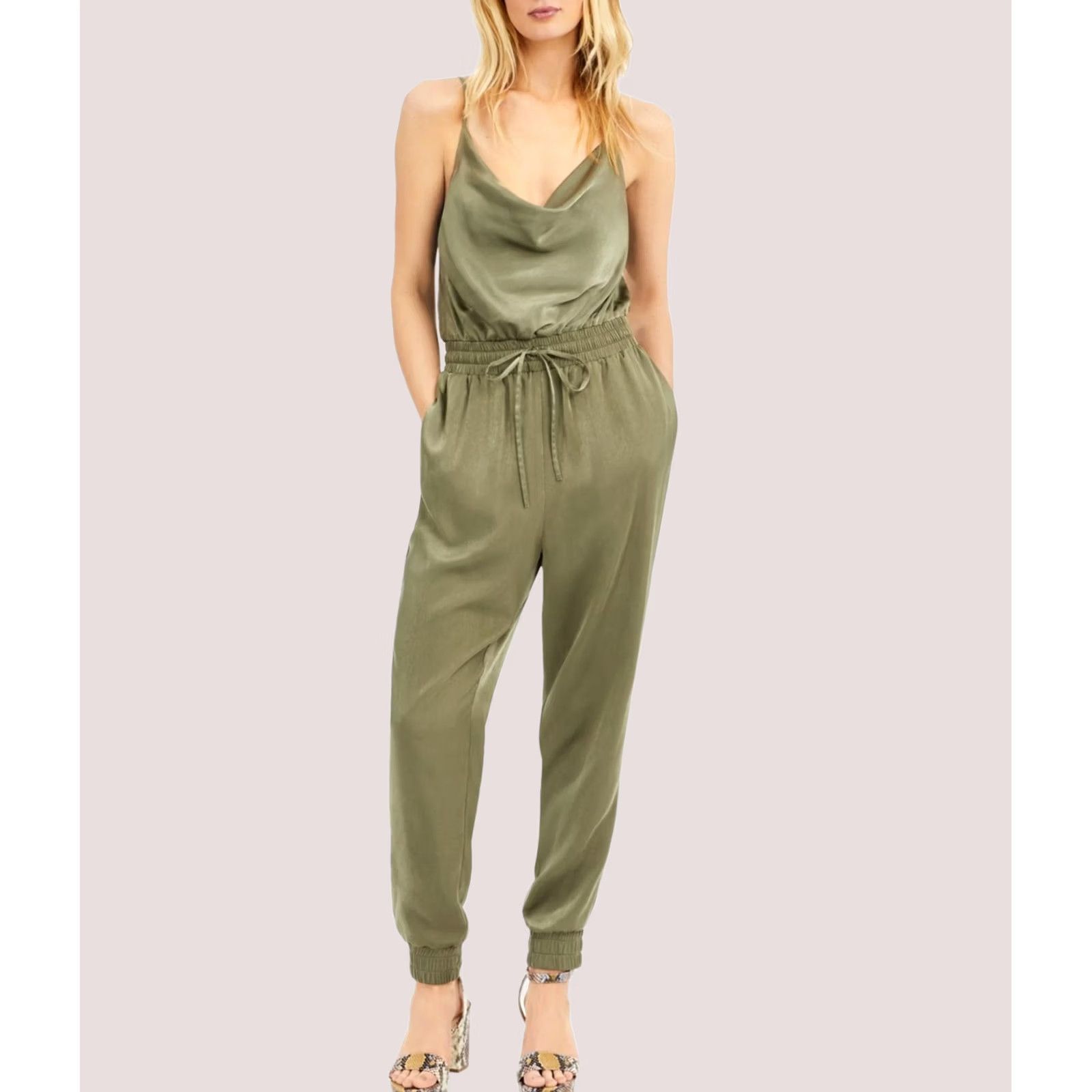 Bar III bar III Womens Satin Jogger Jumpsuit Green L Size 36" / US 14 / IT 50 - 1 Thumbnail