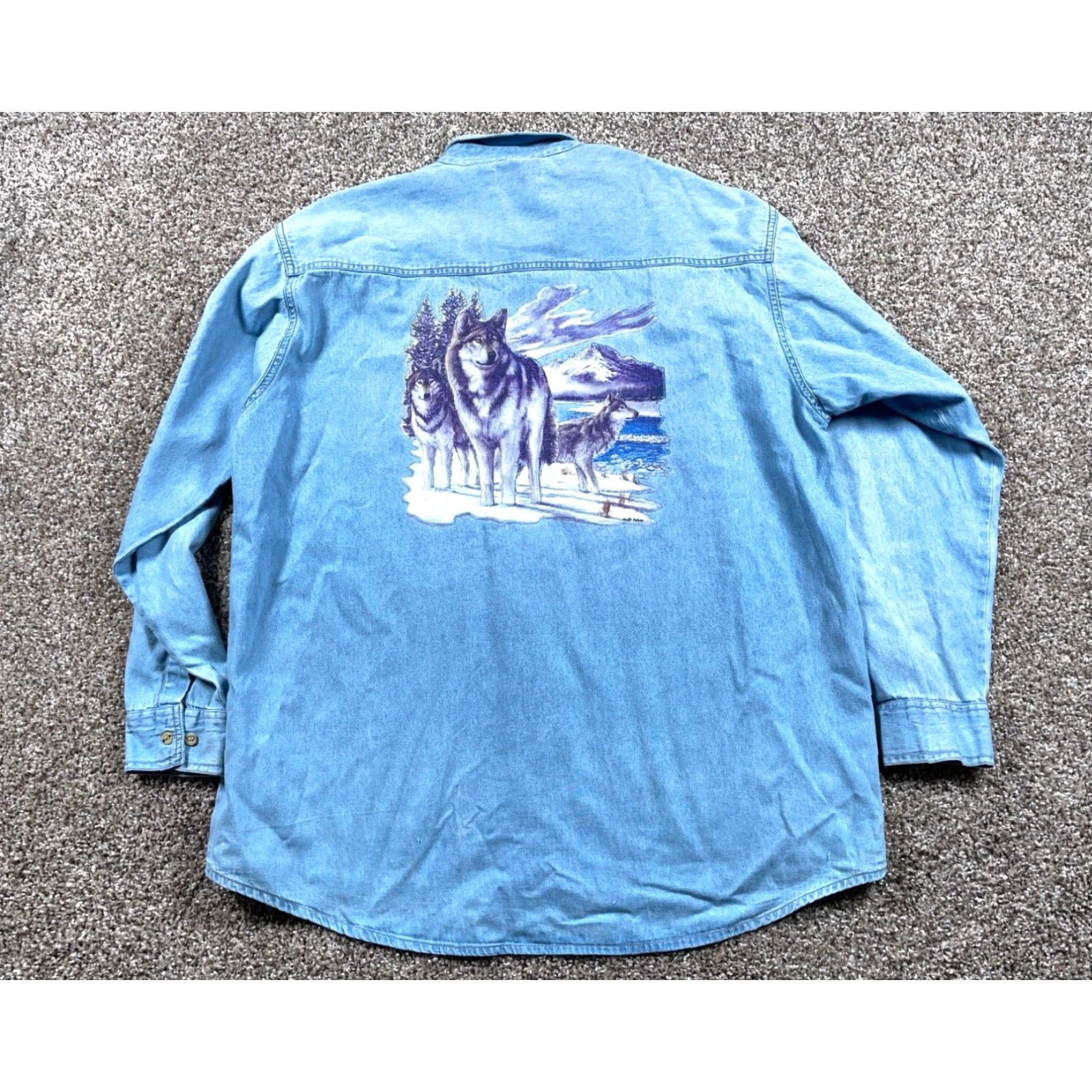 Vintage Thunder Denim Shirt Men's XL Blue 90s Wolves Scenic Graphic Print Button-Up Shirt by Thunder Size US XL / EU 56 / 4 - 2 Thumbnail
