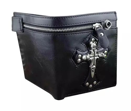 Jewelry Cross Clasp Leather Wallet with Antique Biker Chain Size ONE SIZE - 3 Thumbnail