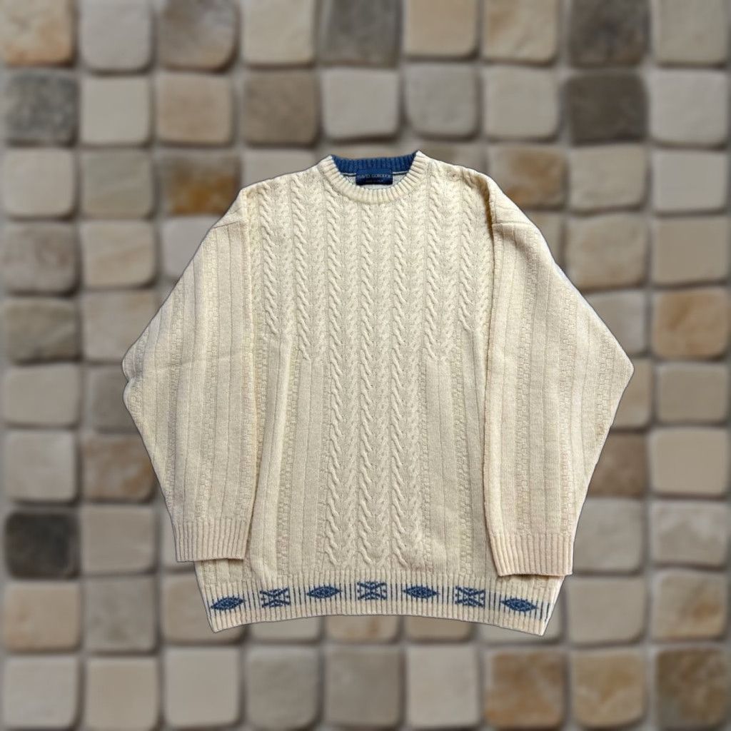 Vintage David Gorodof Sweater Mens Large Beige Contrast Hem Cable Knit Ribbed Shirt Size US L / EU 52-54 / 3 - 1 Thumbnail