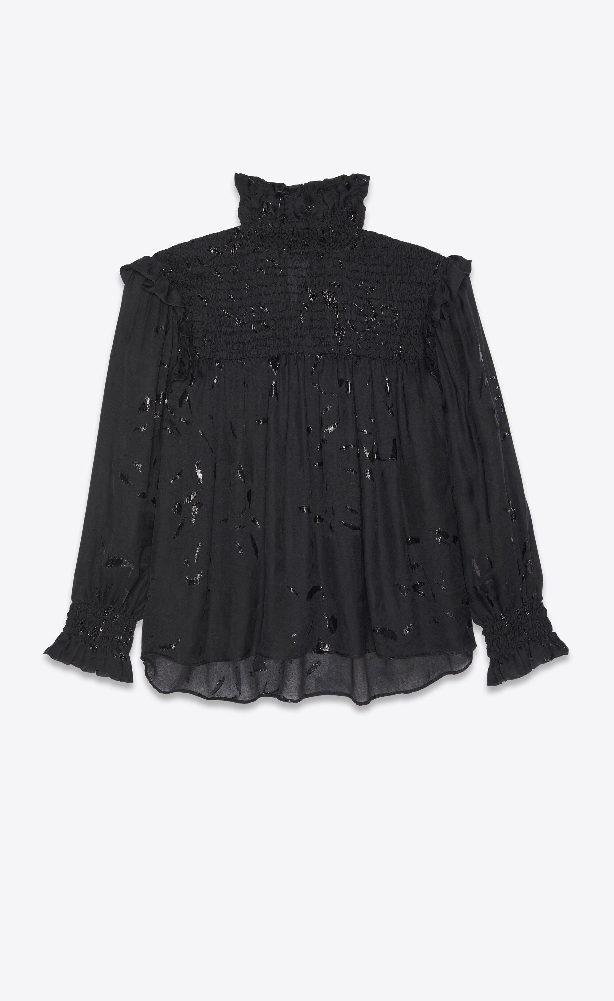 Saint Laurent Paris o1b1hav111224 Smocked Blouse in Floral Shadow Silk in Black Size US XXS / EU 40 - 2 Thumbnail