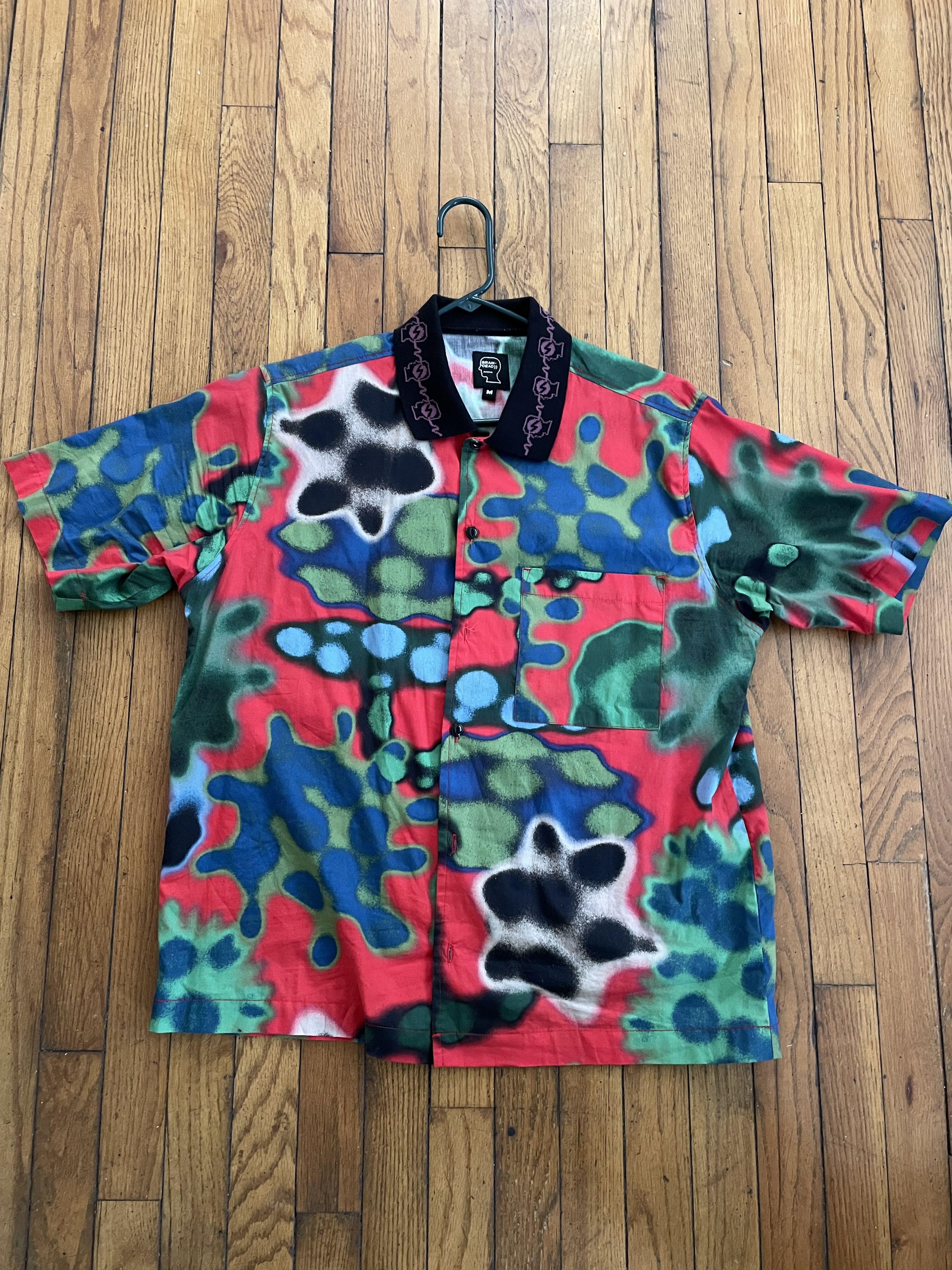 image of Brain Dead Amoeba Water Color Short Sleeve Button Down Shirt in Red, Men's (Size Medium)
