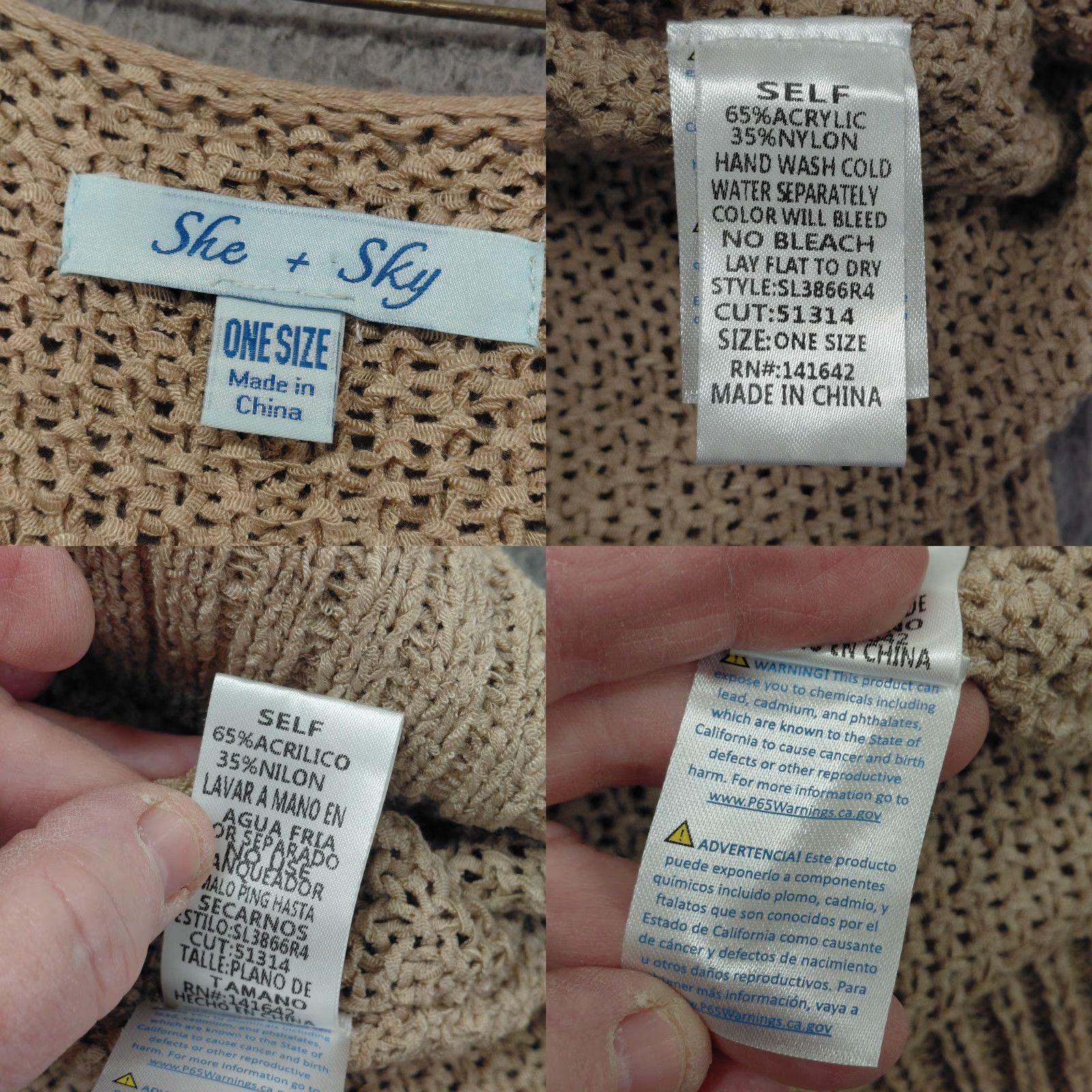 Vintage She & Sky Sweater Women's One Size V Neck Cable-Knit 3/4 Sleeve Beige Tan Pullover Size ONE SIZE - 9 Thumbnail