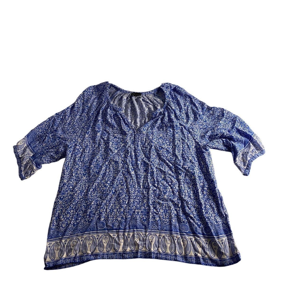 Jones New York Boho Blue Paisley Print Peasant Tunic Top JNY Jones New York Size XXL / US 16-18 / IT 52-54 - 2 Thumbnail